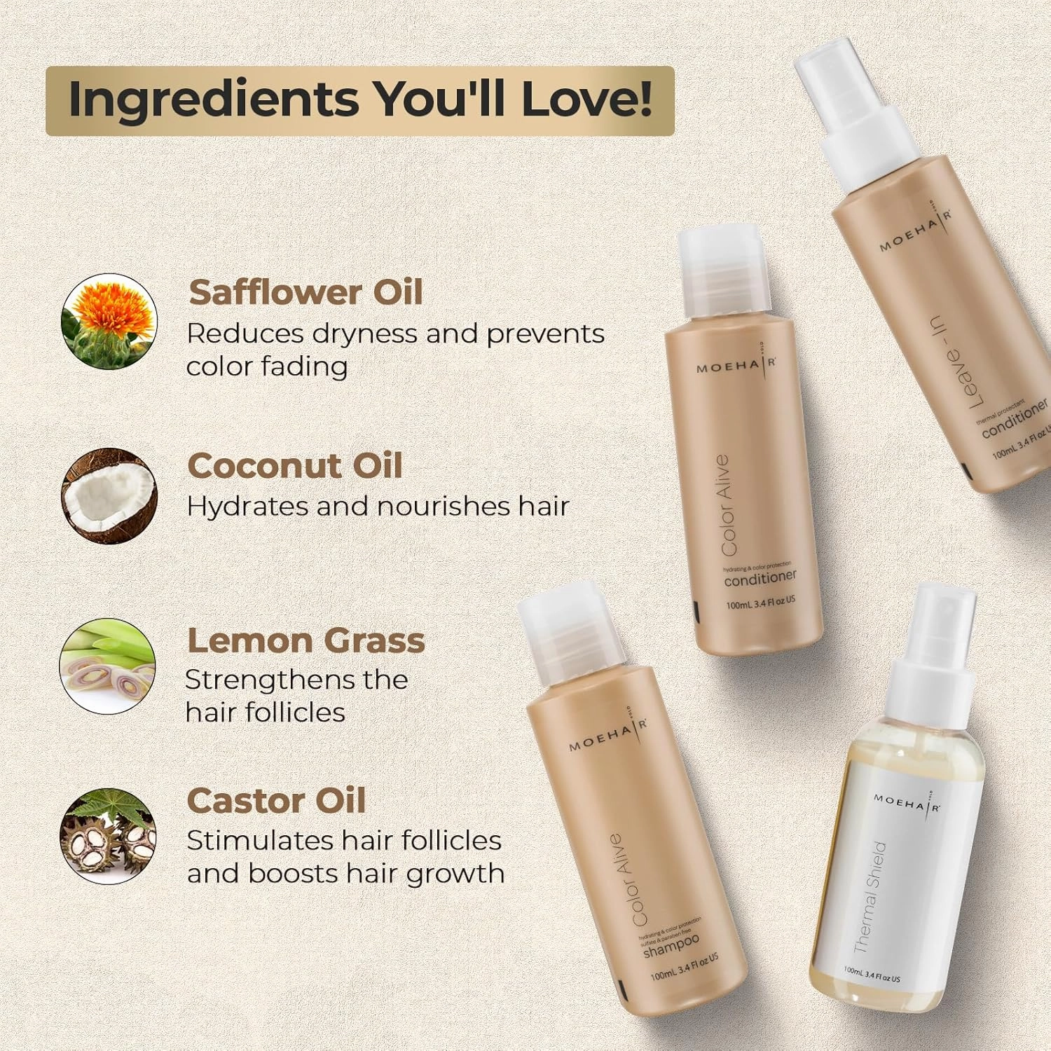 Moehair Travel Size Toiletries (Color Alive Shampoo, Conditioner, Leave-In Conditioner & Heat Protectant) | Travel Shampoo and Conditioner Set | Sulfate & Paraben-Free (3.4 Fl.Oz)