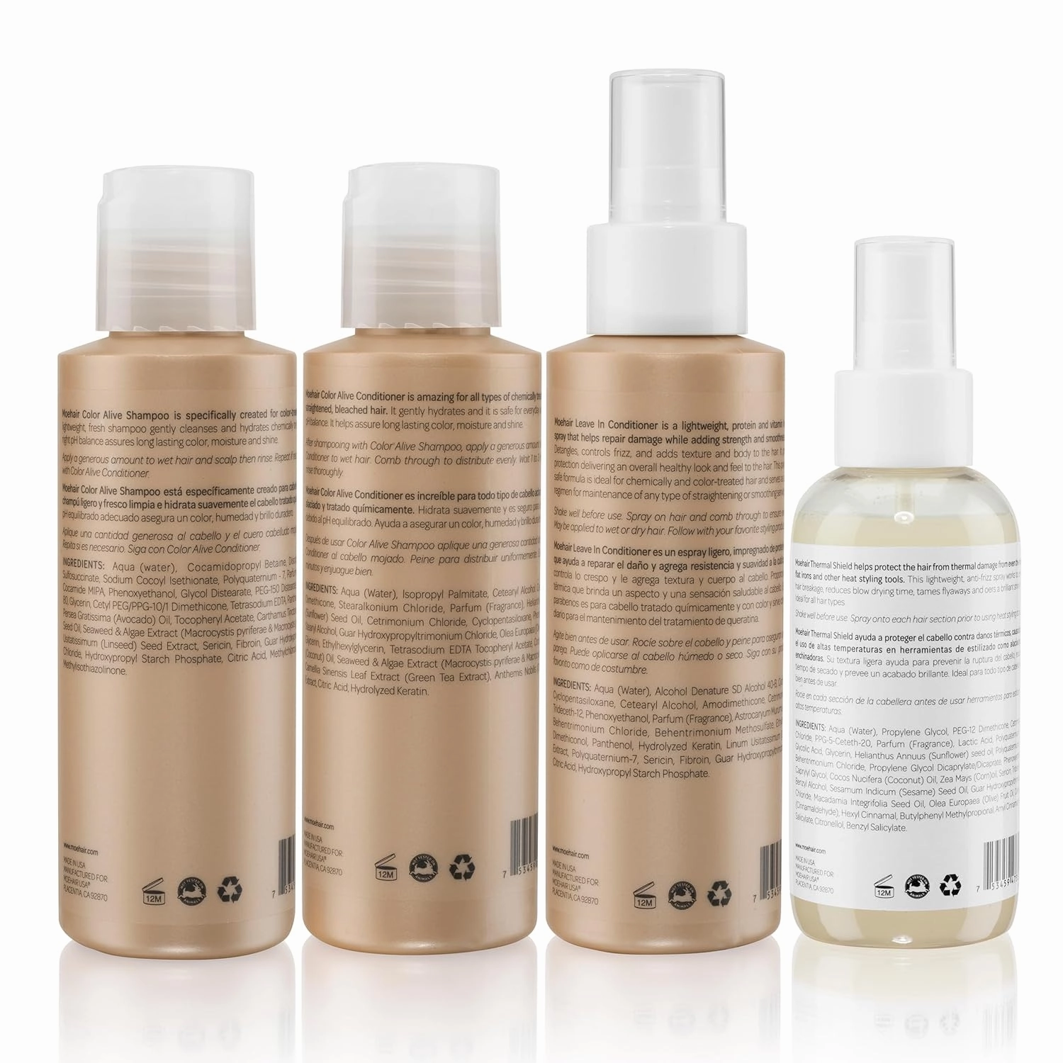 Moehair Travel Size Toiletries (Color Alive Shampoo, Conditioner, Leave-In Conditioner & Heat Protectant) | Travel Shampoo and Conditioner Set | Sulfate & Paraben-Free (3.4 Fl.Oz)