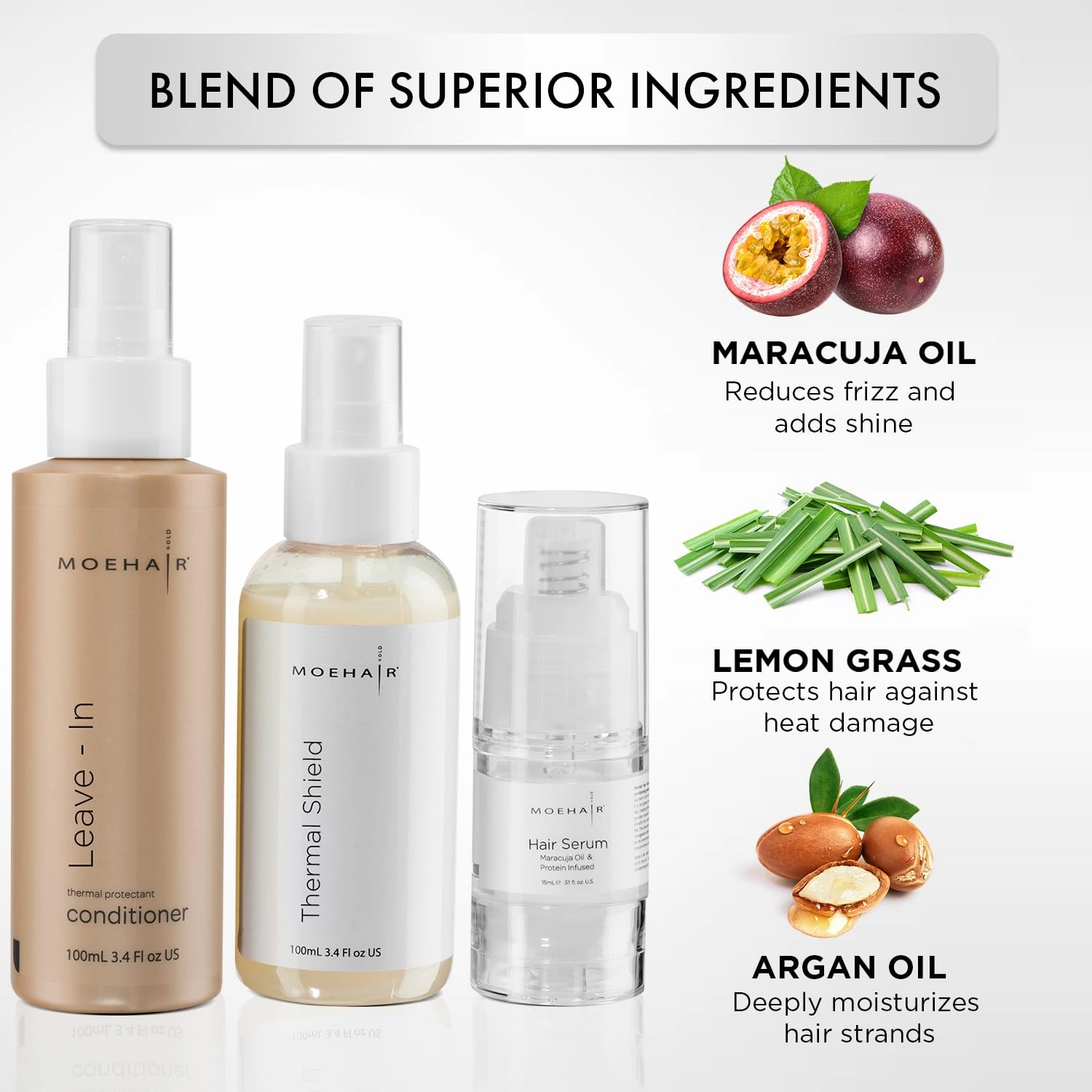 MOEHAIR Travel Trio Pack: Leave-in Conditioner & Thermal Shield Spray 3.4 Fl Oz each, and Hair Serum (0.5 Fl Oz) | Deep Conditioning and Heat Protectant Set