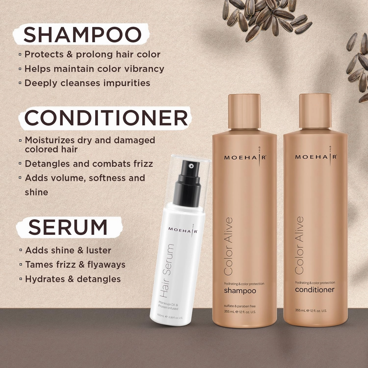 MOEHAIR Trio Kit (Color Alive Shampoo and Conditioner Set - 12 Fl. Oz and Hair Serum - 3.38 Fl. Oz), Combats Frizz | Adds shine I Paraben & Sulfate Free
