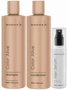 MOEHAIR Trio Kit (Color Alive Shampoo and Conditioner Set - 12 Fl. Oz and Hair Serum - 3.38 Fl. Oz), Combats Frizz | Adds shine I Paraben & Sulfate Free