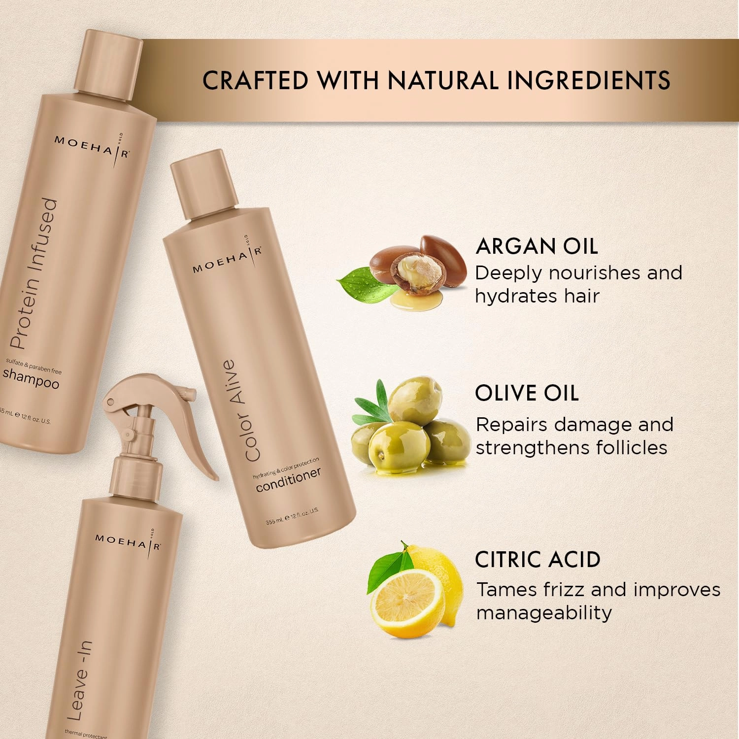 MOEHAIR Trio Pack: Protein Infused Shampoo   Color Alive Conditioner, and Leave-in Conditioner (12 Fl Oz Each) - Hydrating and Nourishing for Dry, Damaged, and Color-treated Hair