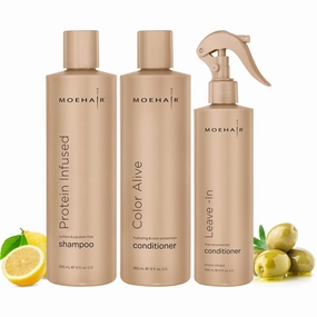 MOEHAIR Trio Pack: Protein Infused Shampoo   Color Alive Conditioner, and Leave-in Conditioner (12 Fl Oz Each) - Hydrating and Nourishing for Dry, Damaged, and Color-treated Hair