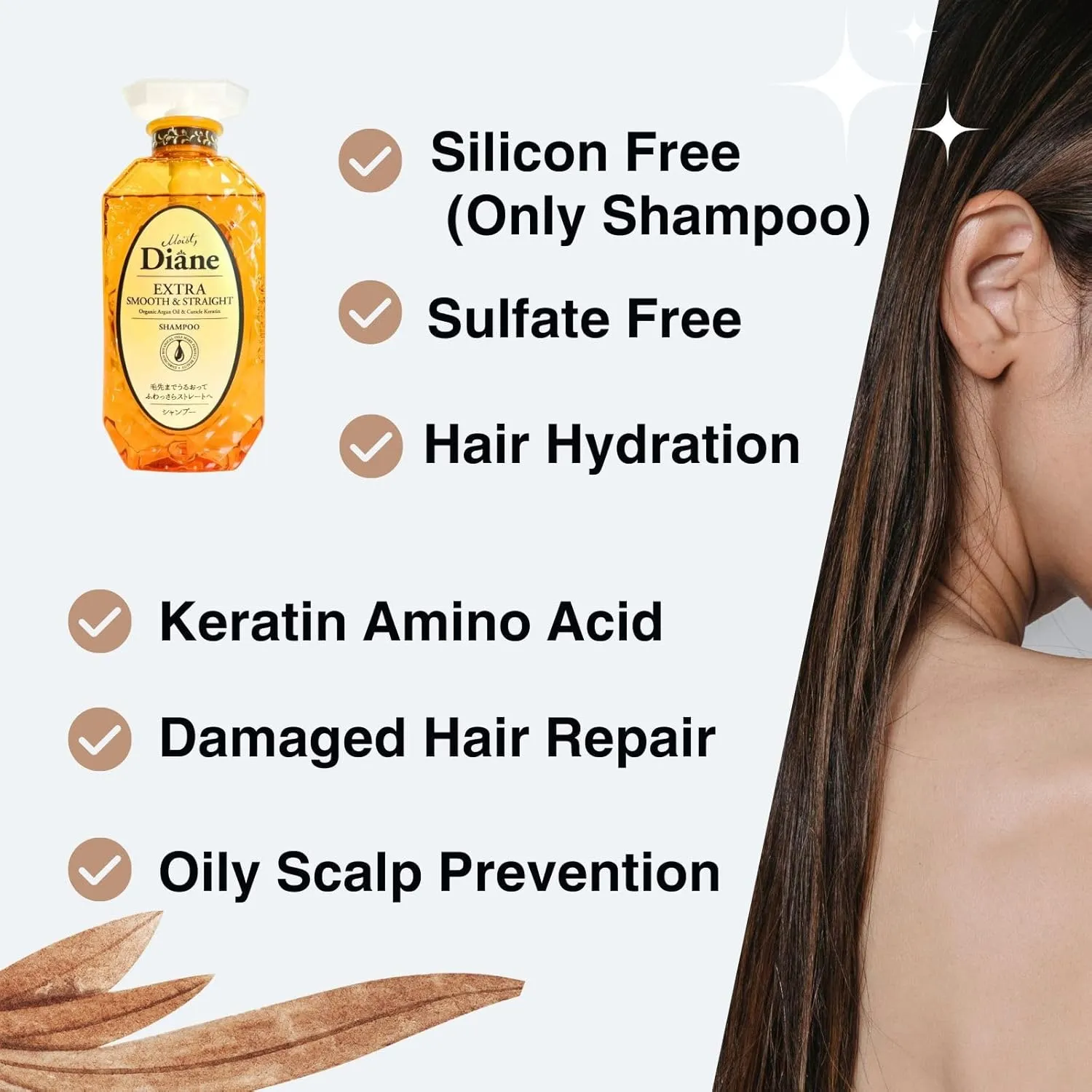 Moist Diane Natural Shampoo for Frizzy & Dry Hair Women & Men, Sulfate Free Shampoo by Argan Oil, Keratin & Quinoa Extract from Japan, Silicone & Paraben Free, EXTRA SMOOTH & STRAIGHT, 15.2 Fl Oz, 3EA
