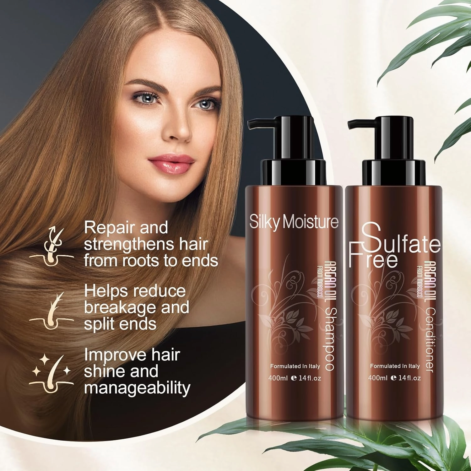 Moisturizing Organic Sulfate Free Moroccan Argan Oil Shampoo and Conditioner Set - Smooth Shampoo and Conditioner Sets,Color Safe Treatment, Repairing For Dry, Damaged, Frizzy