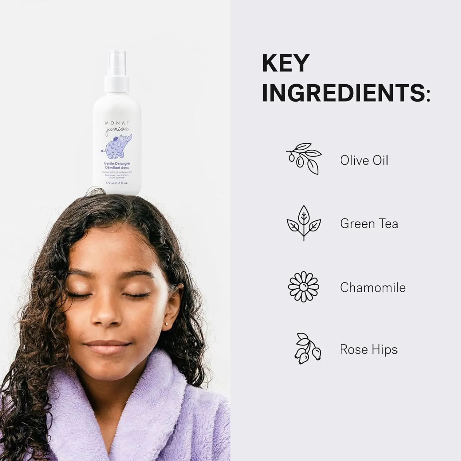 MONAT Junior™ Gentle Detangler - Safe and tear free Hair Detangler Spray for children. All Natural Tear-free, Sulfate & Paraben-free- Net Wt. 177 ml e / 6 fl. Oz.