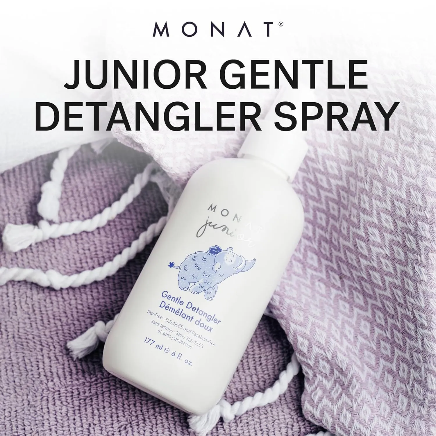 MONAT Junior™ Gentle Detangler - Safe and tear free Hair Detangler Spray for children. All Natural Tear-free, Sulfate & Paraben-free- Net Wt. 177 ml e / 6 fl. Oz.
