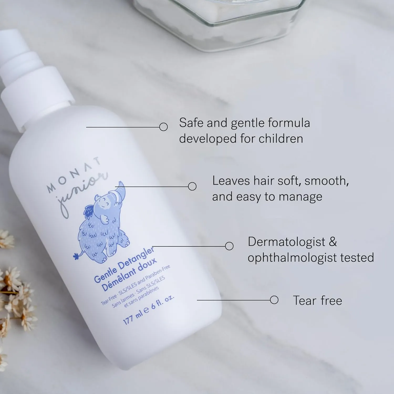 MONAT Junior™ Gentle Detangler - Safe and tear free Hair Detangler Spray for children. All Natural Tear-free, Sulfate & Paraben-free- Net Wt. 177 ml e / 6 fl. Oz.