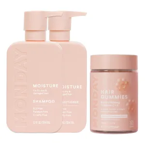 MONDAY HAIRCARE Moisture Shampoo and Conditioner Set 12oz for Dry, Curly Hair   Hair Gummies for Thicker and Stronger Hair (60 count) Strawberry Flavored