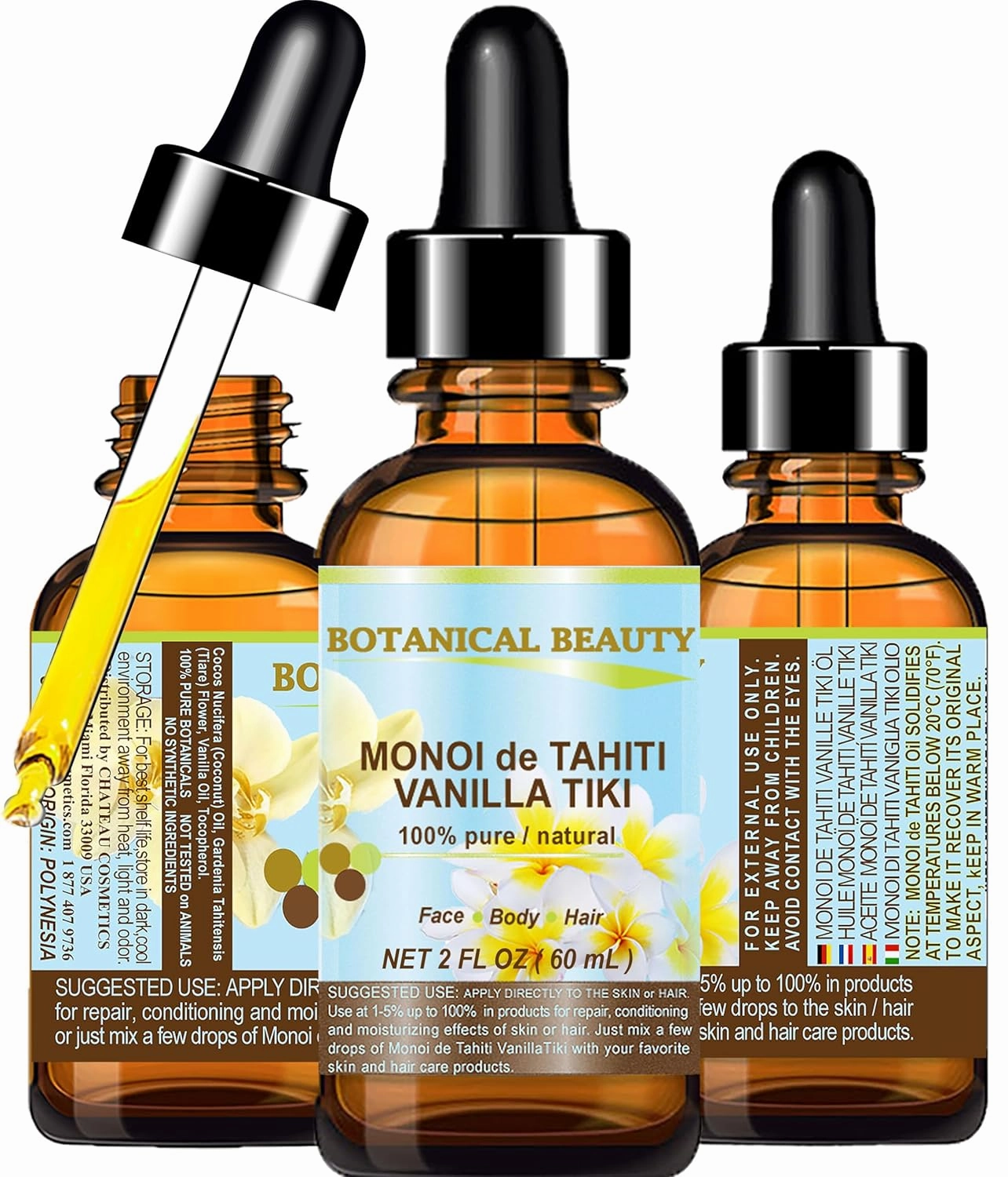 MONOI de TAHITI OIL TIARE TIKI 100% Pure Natural Undiluted Virgin 2 Fl. Oz.- 60 ml for FACE, SKIN, BODY, HAIR, NAILS by Botanical Beauty