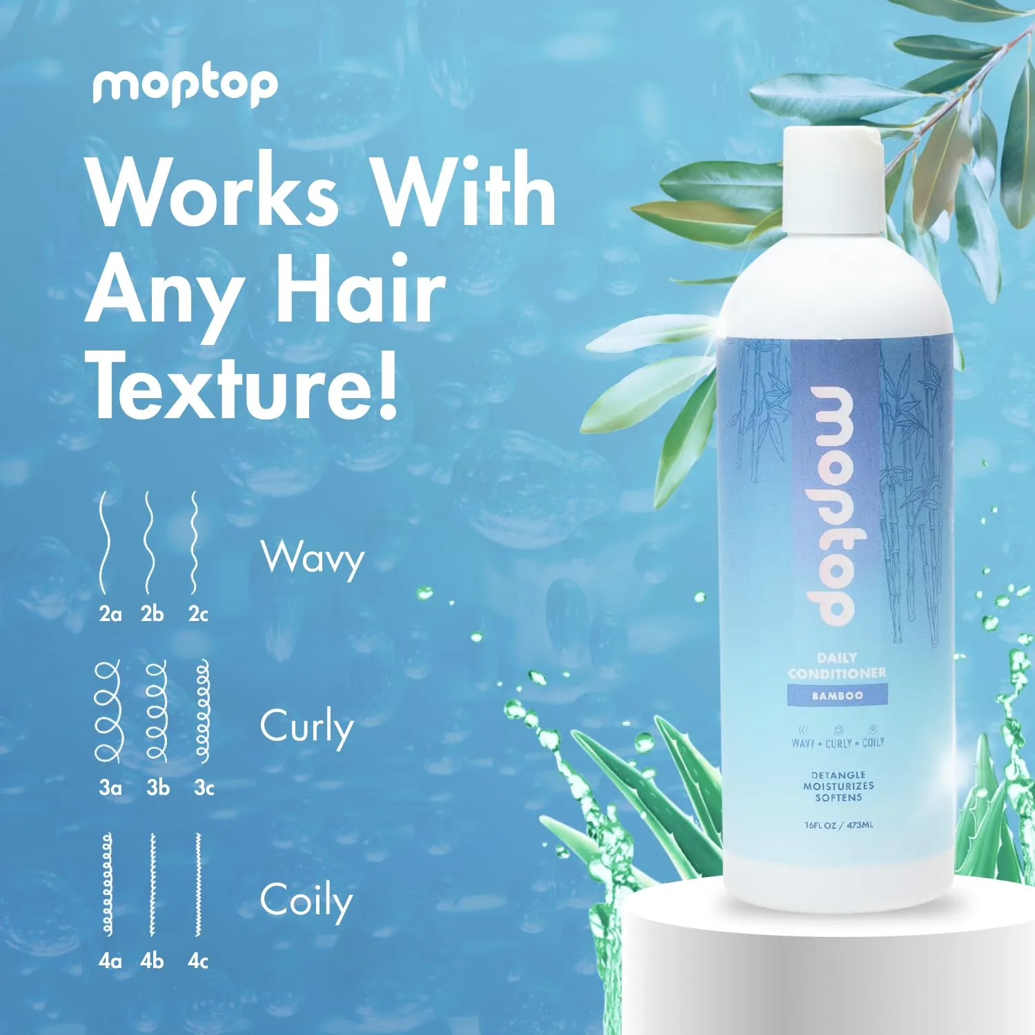 MopTop Daily Curly Hair Conditioner – Hair Moisturizer to Restore Dry, Damaged Hair & Reduce Frizz, Sulfate & Paraben Free Hair Care for All Hair Types – Wavy, Curly, Coily (Bamboo, 8 oz)