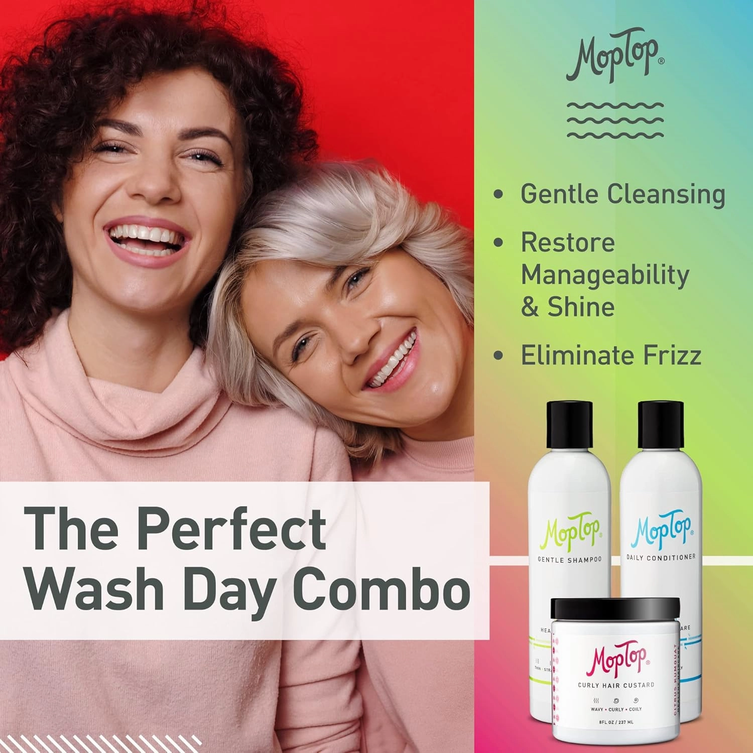 MopTop Curly Hair Routine, Gentle Shampoo   Daily Conditioner   Styling Gel for Wavy and Coily Tresses, Color Safe, Moisturizing Women's Hair Care