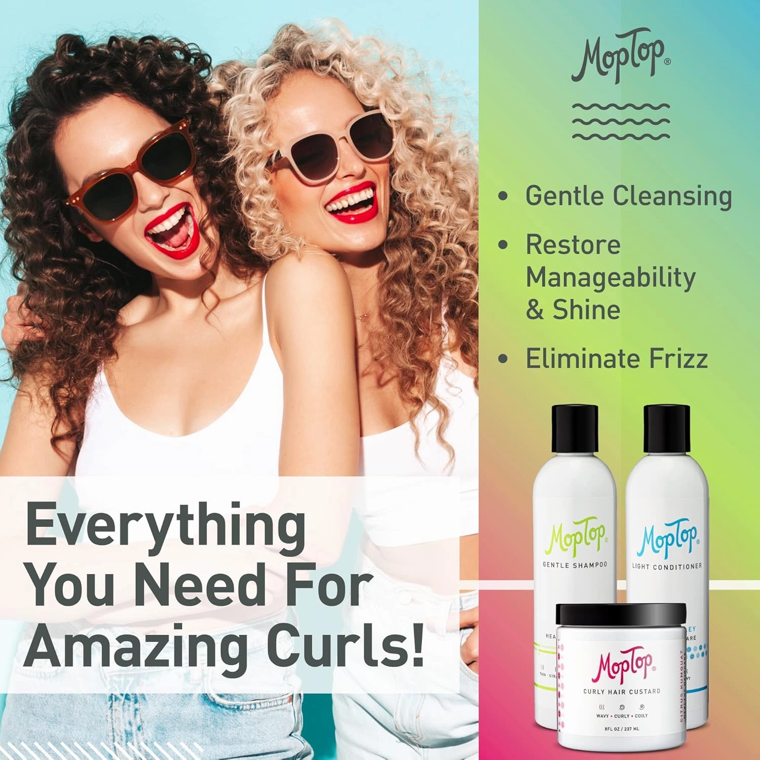 MopTop Gentle Shampoo   Light Conditioner   Curly Hair Gel for Curly, Wavy, and Coily Hair, Color Safe, Moisturizing Womens Hair Care