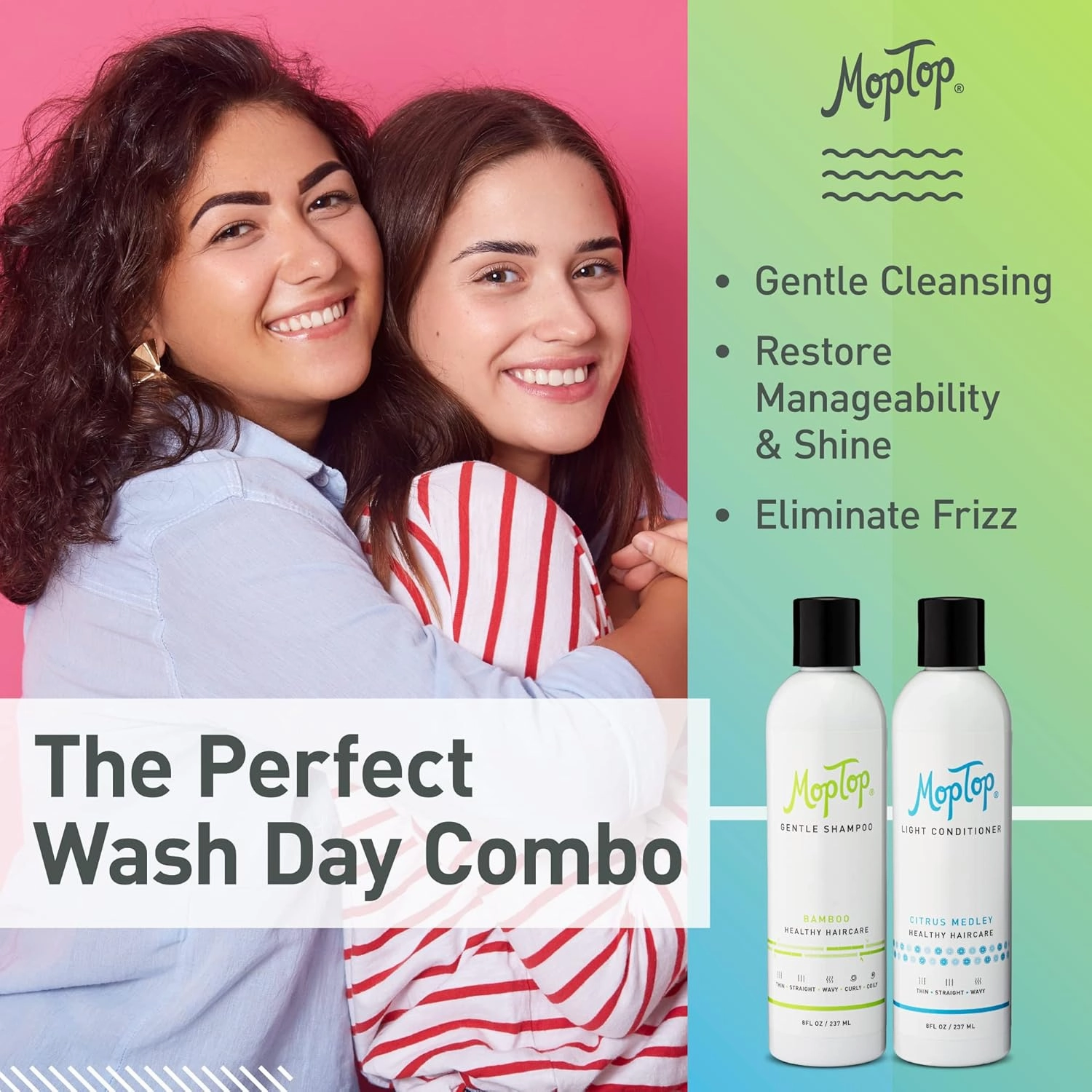 MopTop Lightweight Curly Hair Shampoo and Conditioner Set – Gentle Shampoo   Light Conditioner, Reduces Frizz & Restores Dry Damaged Hair, Sulfate & Paraben Free – Wavy, Curly, Coily, Kinky (Set of 3)