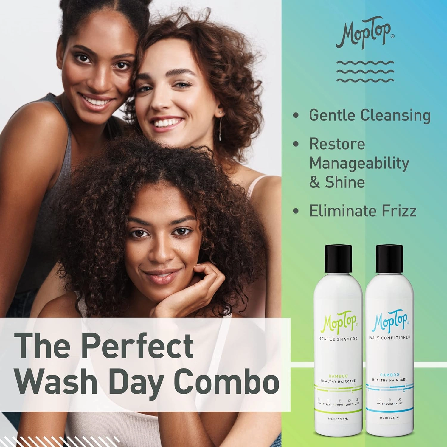 MopTop Moisturizing Curly Hair Shampoo and Conditioner Set – Gentle Shampoo   Daily Conditioner, Reduce Frizz, & Restore Dry Damaged Hair, Sulfate & Paraben Free – Wavy, Curly, Coily, Kinky (Set of 2)