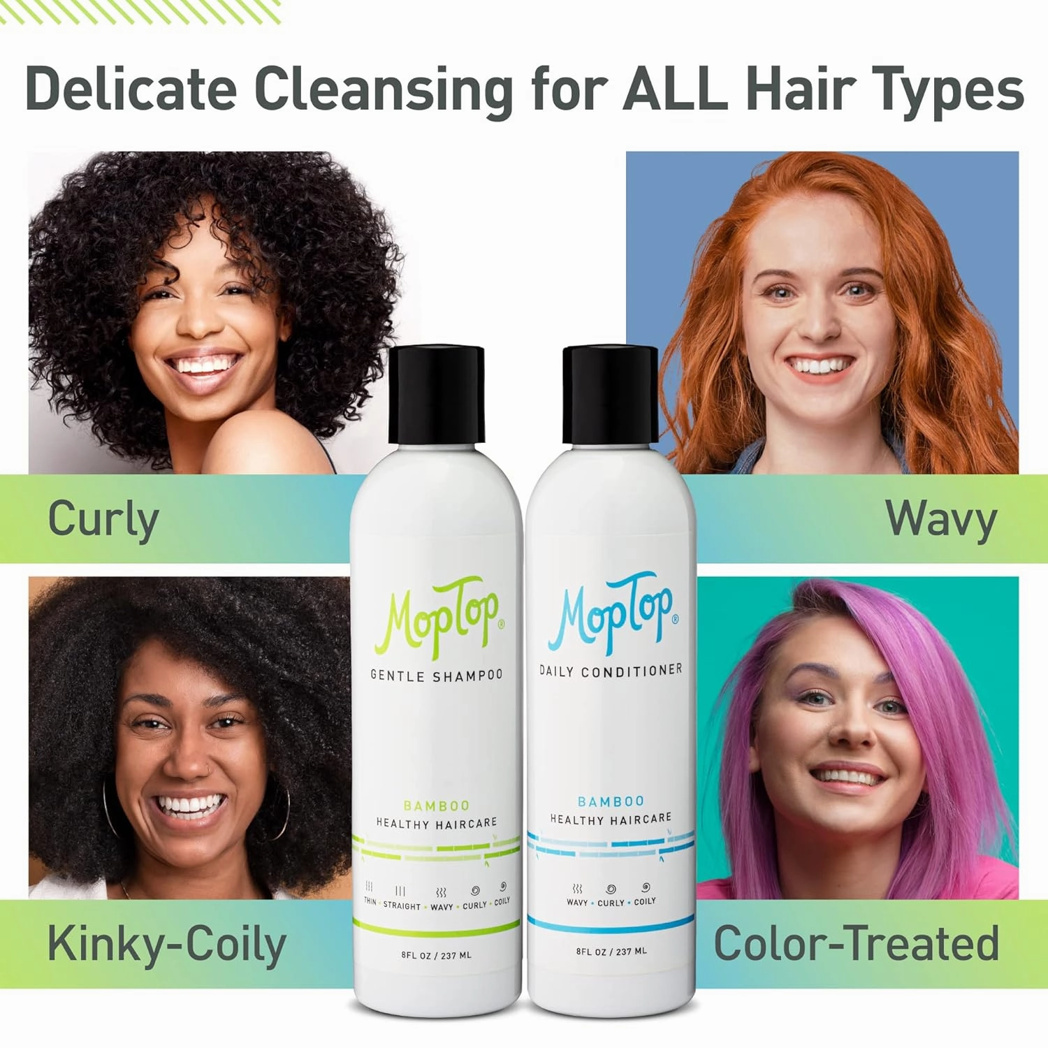 MopTop Moisturizing Curly Hair Shampoo and Conditioner Set – Gentle Shampoo   Daily Conditioner, Reduce Frizz, & Restore Dry Damaged Hair, Sulfate & Paraben Free – Wavy, Curly, Coily, Kinky (Set of 2)