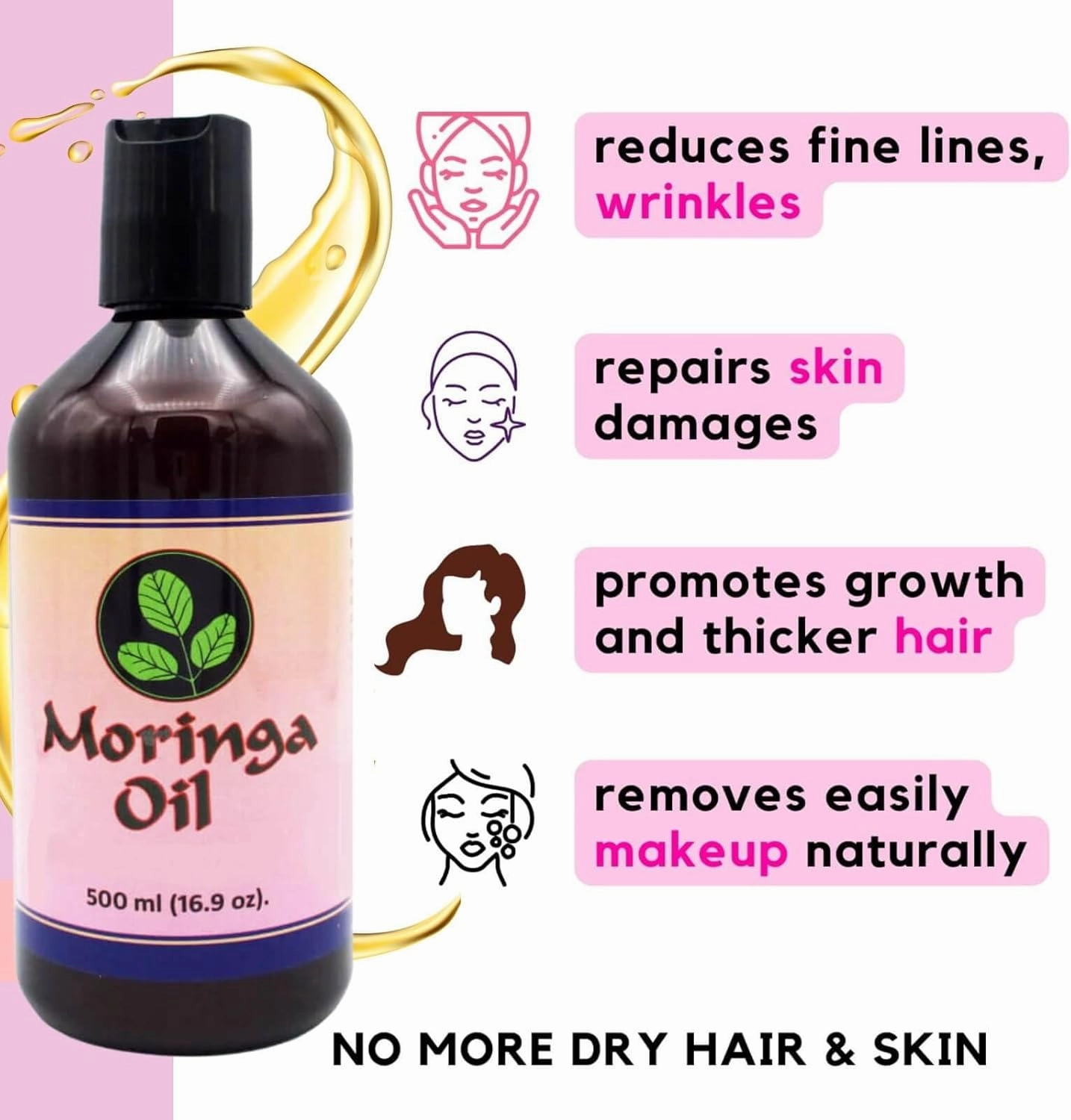 Moringa Oil 16.9 oz – Natural Face, Hair & Body Oil, 100% Pure, Cold-Pressed & Unrefined Moringa Seed Oil, Gluten-Free, Non-GMO, Vegan (500 ml)
