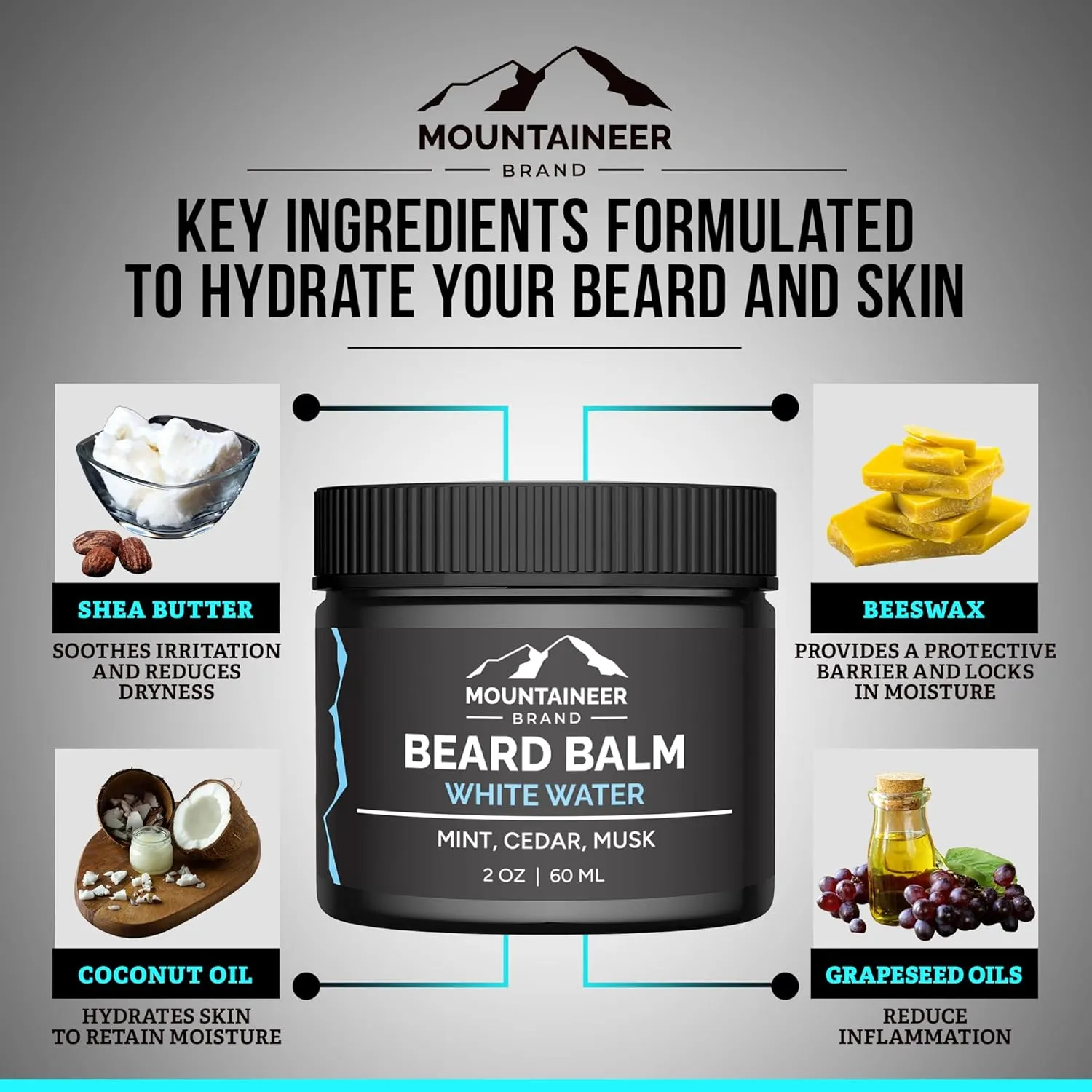 Mountaineer Brand Natural Beard Balm with White Water Scent | Scents Inspired by Nature | Beard Butter for Men | Leave in Condidtioner | Hydrates, Softens and Tames | Made in West Virginia | 2oz