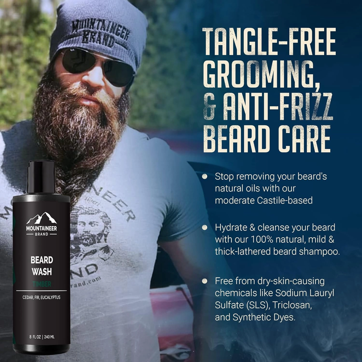 Mountaineer Brand Beard Wash For Men | 100% Natural Beard Shampoo | Thick Cleaning Softening Lather for Hair and Skin | Hydrate and Detangle | Grooming Treatment | WV Timber Scent 8oz
