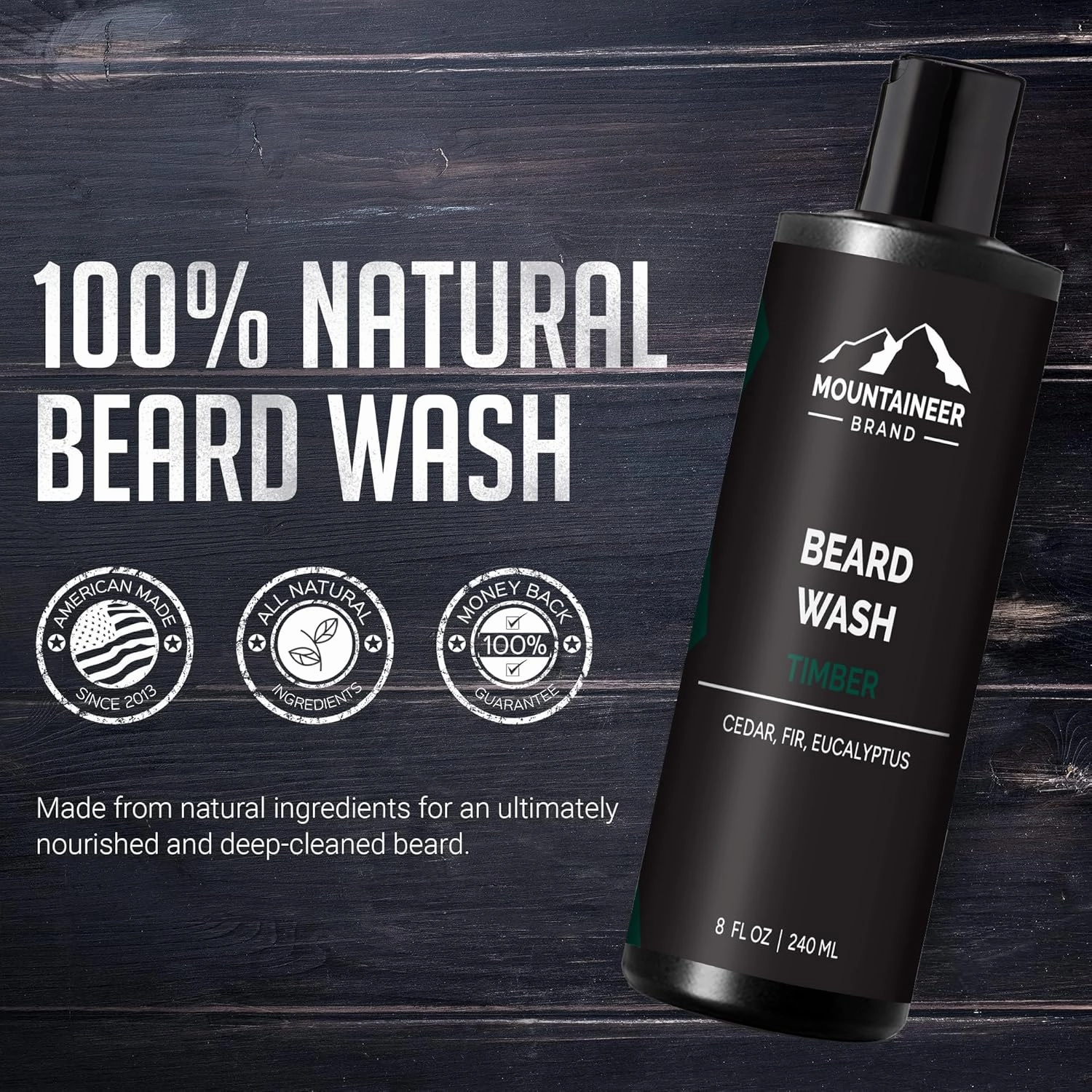Mountaineer Brand Beard Wash For Men | 100% Natural Beard Shampoo | Thick Cleaning Softening Lather for Hair and Skin | Hydrate and Detangle | Grooming Treatment | WV Timber Scent 8oz