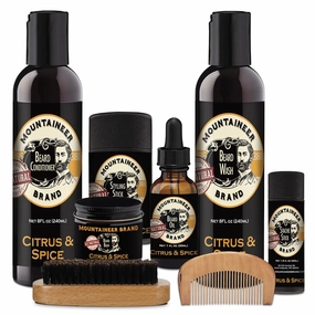 Mountaineer Brand Ultimate Beard Bundle | Beard Wash, Conditioner, Beard Balm, Beard Oil, Stache Stick, Styling Stick for Men with Wood Comb & Brush | For Soft Manageable Hair | Citrus & Spice Scent