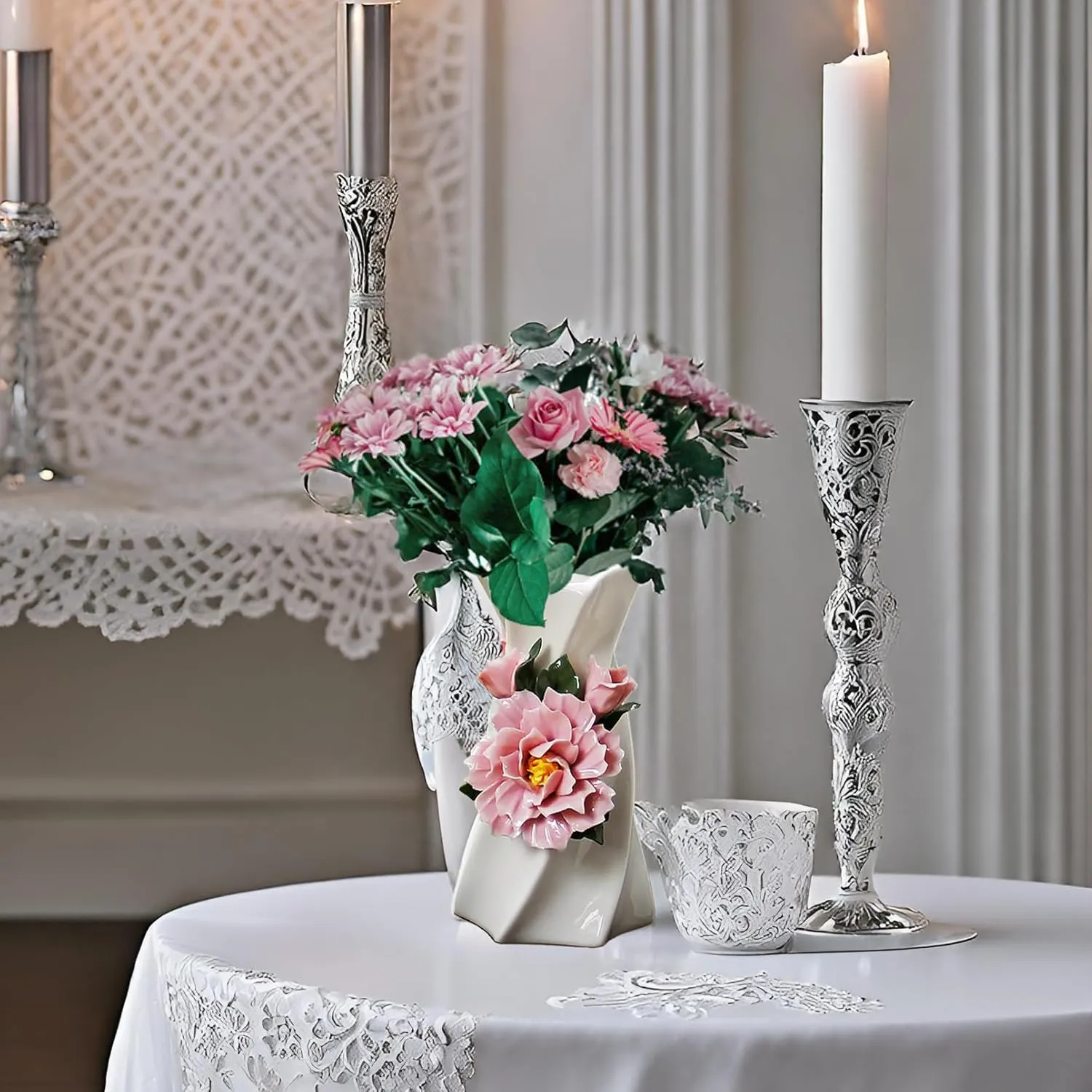 MTME Porcelain vase with Flowers, Memorabilia, Wedding Gifts, Aesthetic Sculpture Home décor (Pink Camellia)