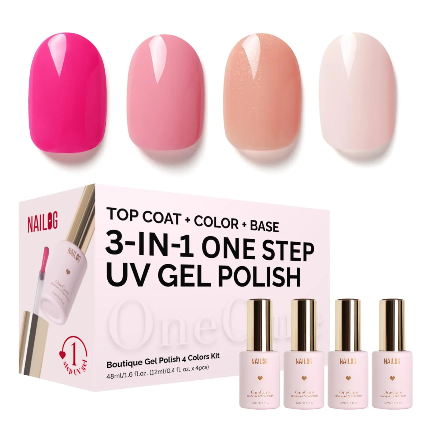NAILOG Gel Nail Polish Set - 4 Colors Top Coat Color Gel Base 3-In-1 Soak Off UV Gel Polish Kit for Home DIY & Birthday Gifts for Women | Fushcia, Taffy Pink, Shimmery Pink, Beige