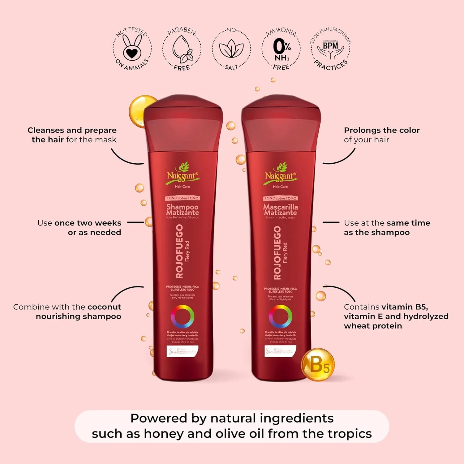 naissant Deep Red Hair Toning Shampoo| Color Depositing | Refresh & Neutralize Brassy Tones | Paraben, Ammonia & Sulfate Free | Pro-Vitamin B5, Olive Oil & Honey (Rojo Fuego) 10.1 Fl Oz