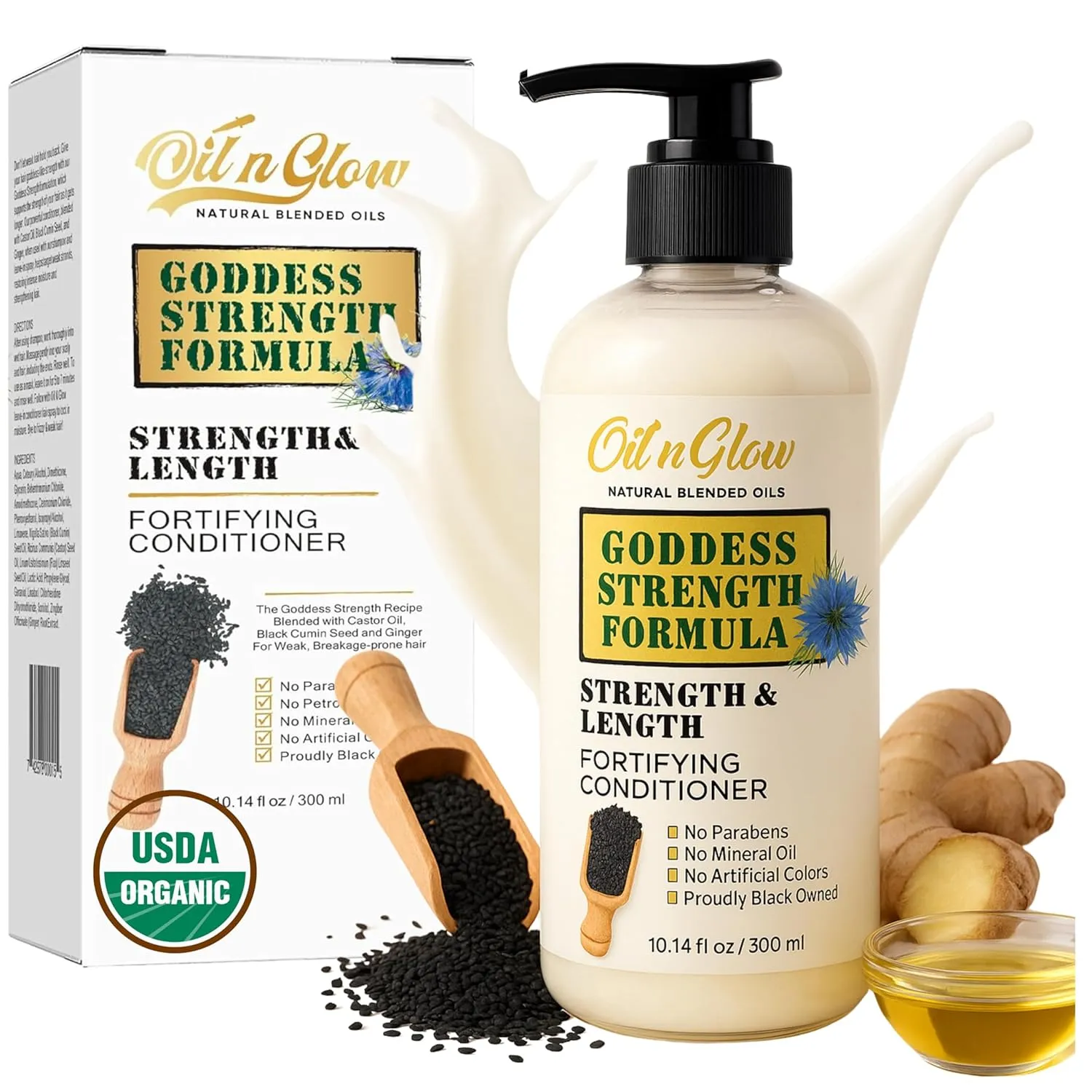 Natural Hair Growth Conditioner Black Cumin Seeds, Ginger & USDA Organic Castor Oil Strengthening & Moisturizing Conditioner for Thinning Hair, Damaged, Dry, Frizzy - Fragrance Free, 10 Fl Oz