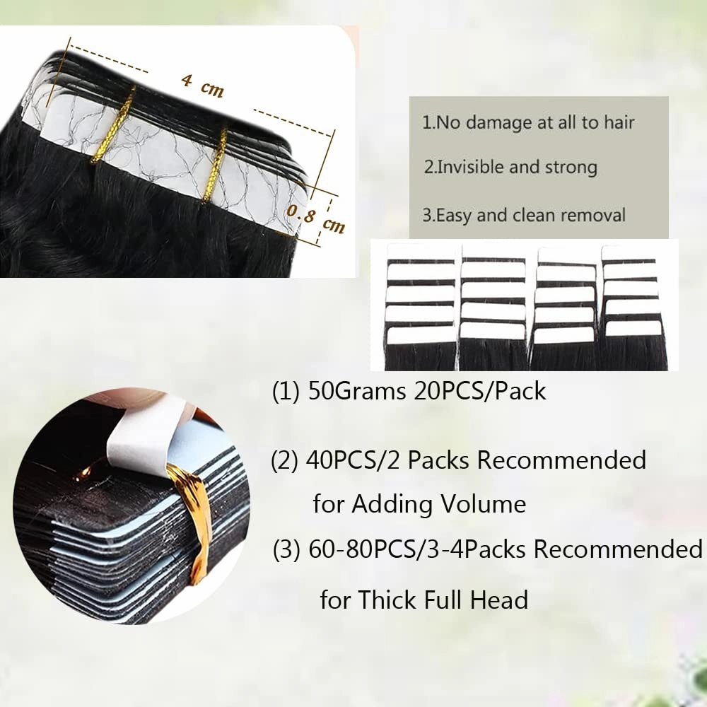 Natural Black Tape in Hair Extensions, Kinky Curly Tape in Hair Extensions Real Human Hair, 24Inch Tape in Hair Extensions 20PCS 50Grams/Pack 2-3Packs Suggested Glue in Hair Extensions for Black Women