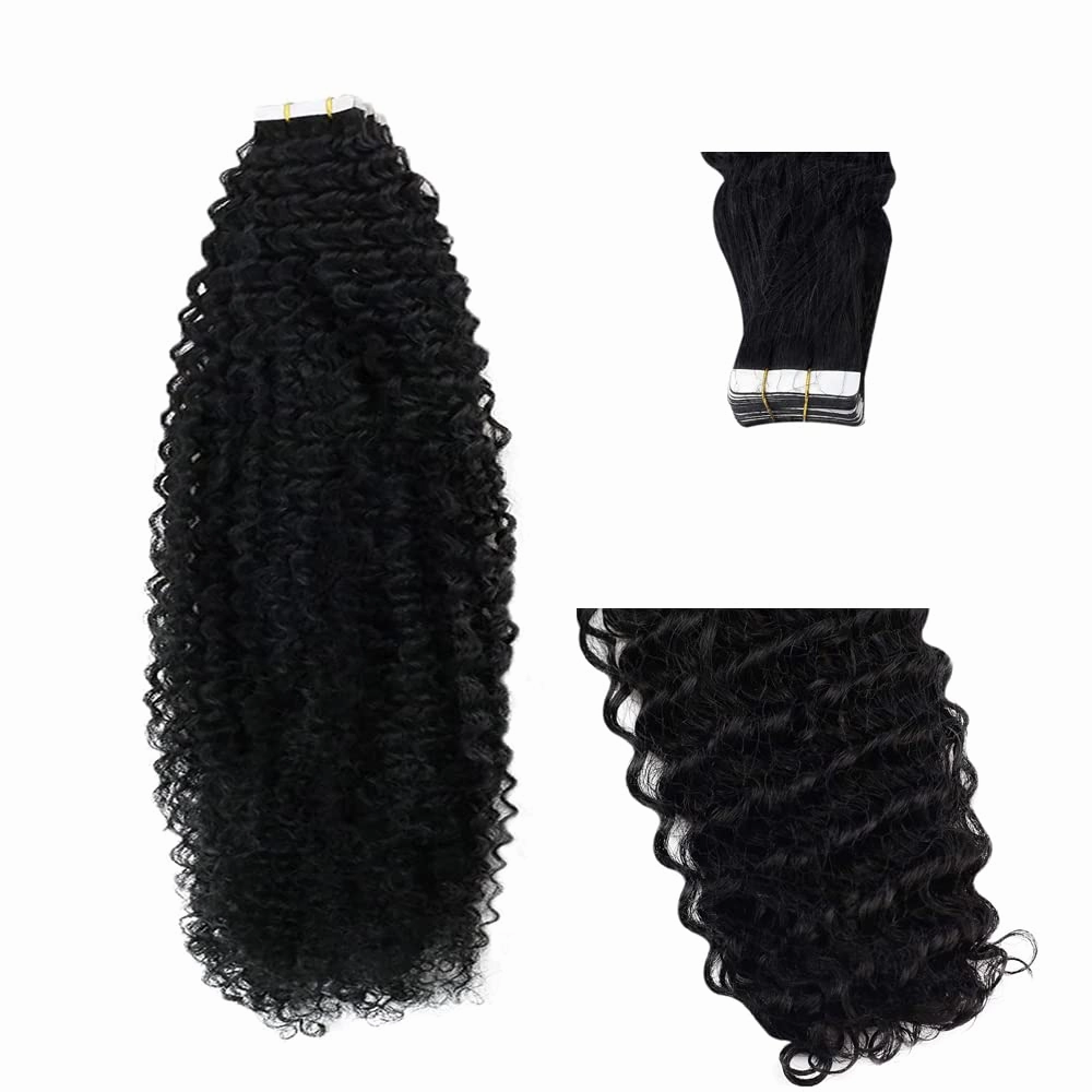 Natural Black Tape in Hair Extensions, Kinky Curly Tape in Hair Extensions Real Human Hair, 24Inch Tape in Hair Extensions 20PCS 50Grams/Pack 2-3Packs Suggested Glue in Hair Extensions for Black Women
