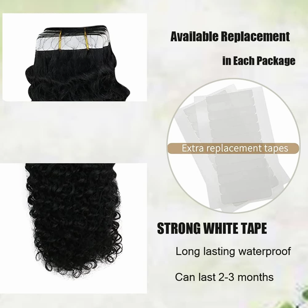 Natural Black Tape in Hair Extensions, Kinky Curly Tape in Hair Extensions Real Human Hair, 24Inch Tape in Hair Extensions 20PCS 50Grams/Pack 2-3Packs Suggested Glue in Hair Extensions for Black Women