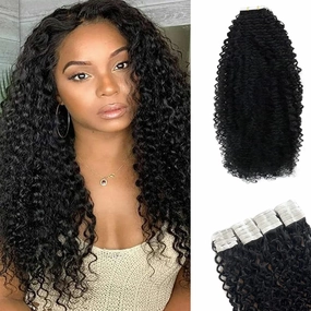 Natural Black Tape in Hair Extensions, Kinky Curly Tape in Hair Extensions Real Human Hair, 24Inch Tape in Hair Extensions 20PCS 50Grams/Pack 2-3Packs Suggested Glue in Hair Extensions for Black Women