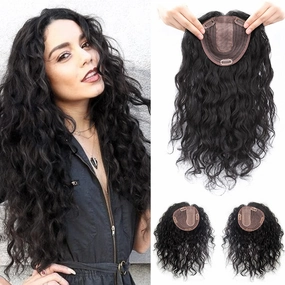 Natural Curly Human Hair Topper Women Toupee Clip in Hairpieces 13x14cm Silktop Top Hair Pieces Wiglets Left Part for Covering Thinning Hair Loss 14 inch Black Color