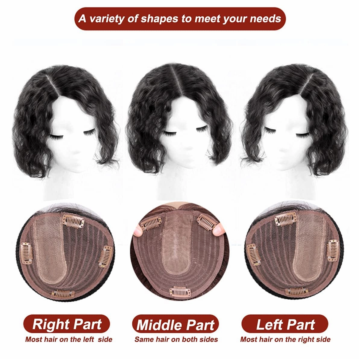 Natural Curly Human Hair Topper Women Toupee Clip in Hairpieces 13x14cm Silktop Top Hair Pieces Wiglets Left Part for Covering Thinning Hair Loss 14 inch Black Color