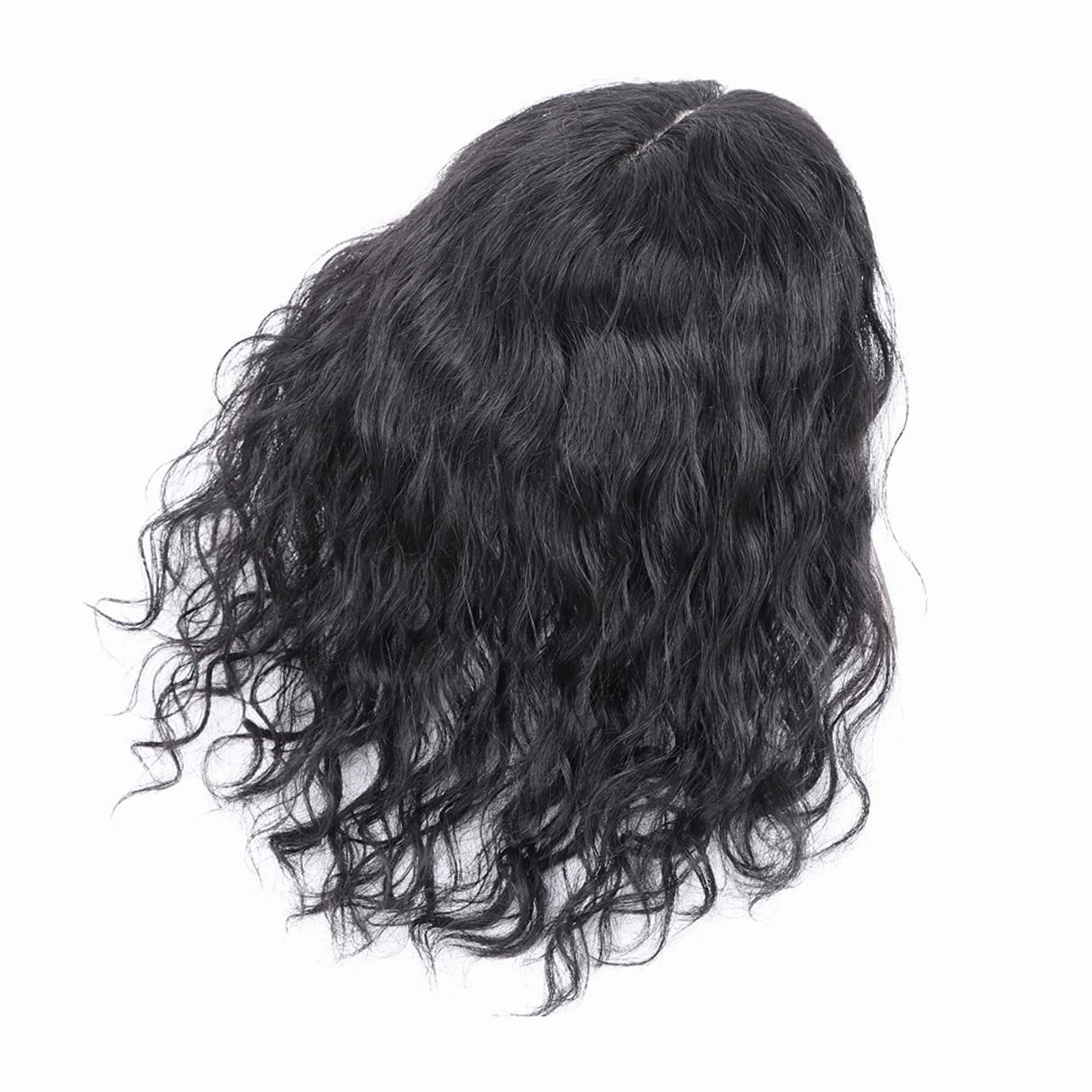 Natural Curly Human Hair Topper Women Toupee Clip in Hairpieces 13x14cm Silktop Top Hair Pieces Wiglets Left Part for Covering Thinning Hair Loss 14 inch Black Color