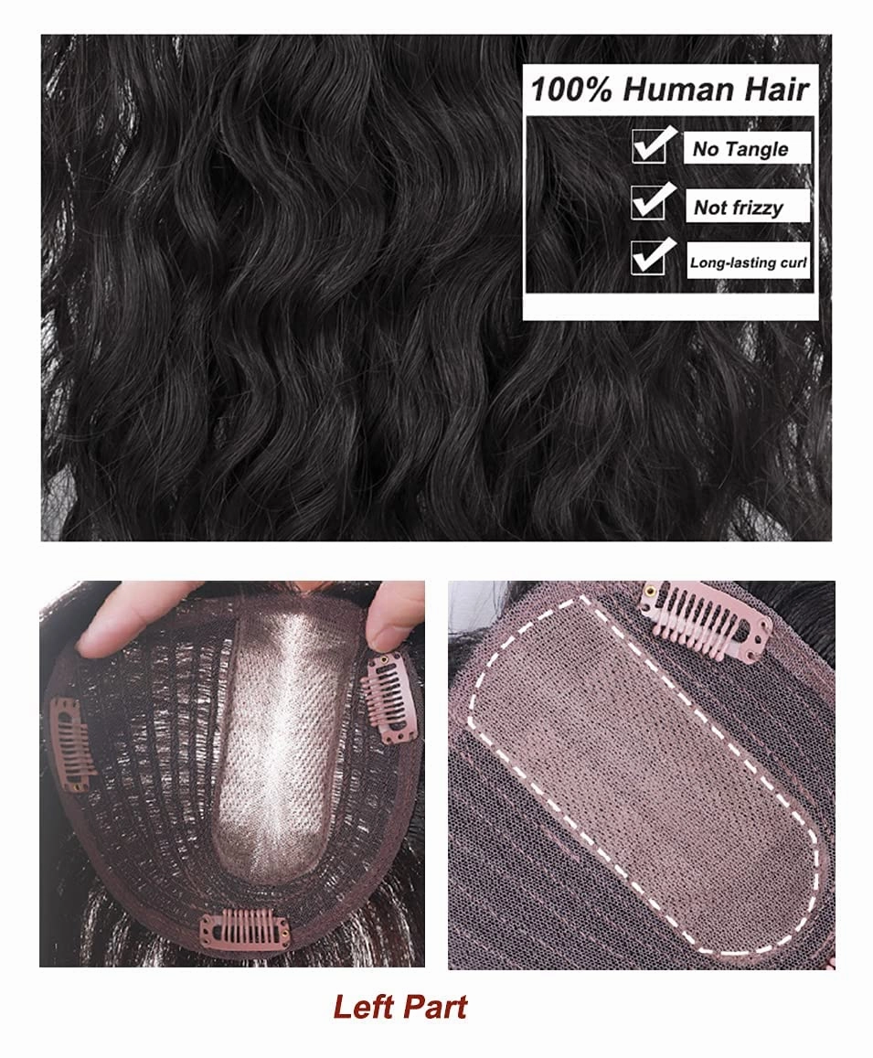 Natural Curly Human Hair Topper Women Toupee Clip in Hairpieces 13x14cm Silktop Top Hair Pieces Wiglets Left Part for Covering Thinning Hair Loss 14 inch Black Color