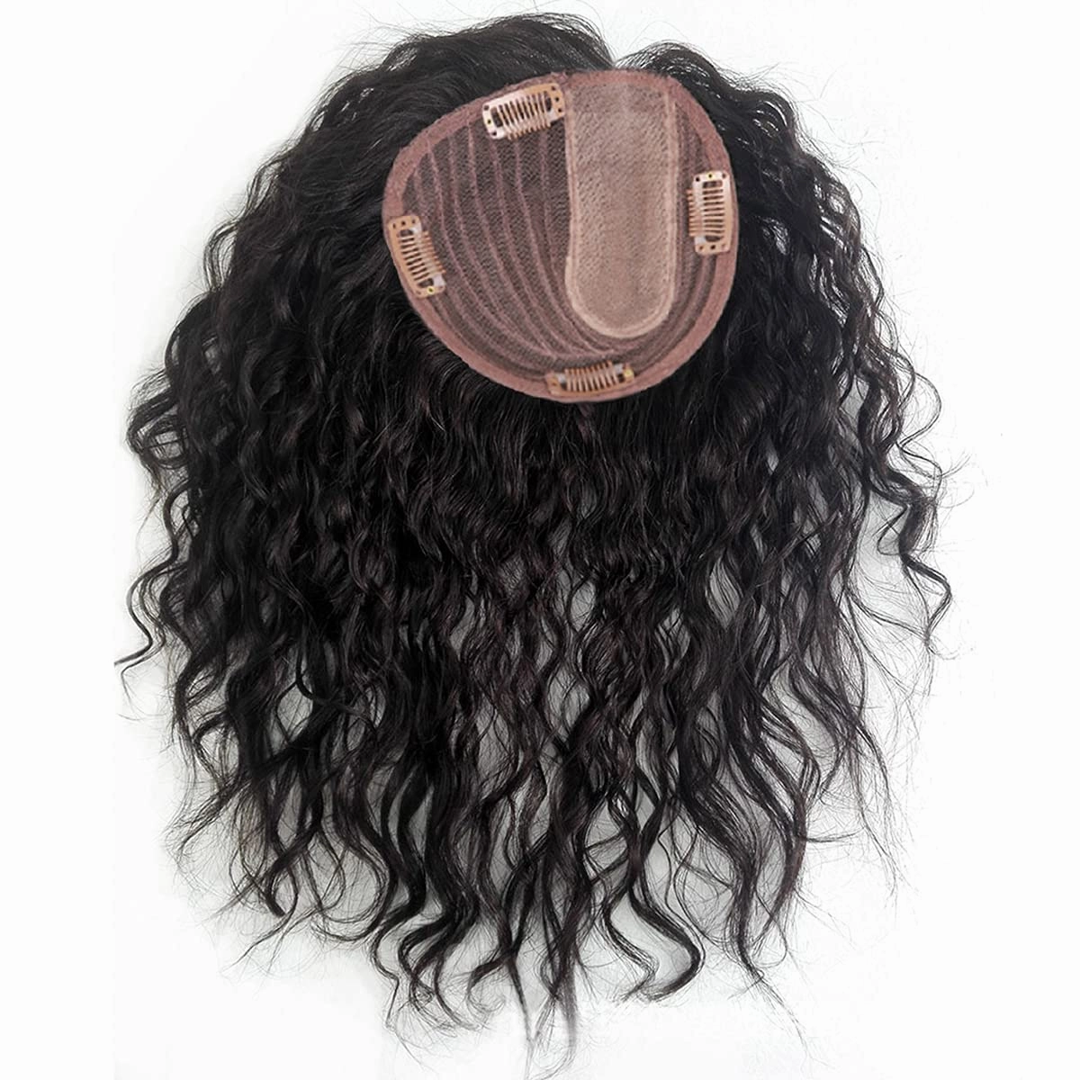 Natural Curly Human Hair Topper Women Toupee Clip in Hairpieces 13x14cm Silktop Top Hair Pieces Wiglets Left Part for Covering Thinning Hair Loss 14 inch Black Color