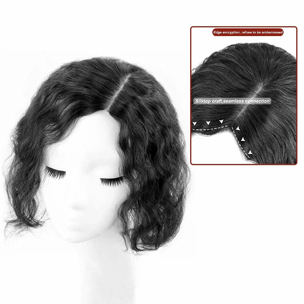 Natural Curly Human Hair Topper Women Toupee Clip in Hairpieces 13x14cm Silktop Top Hair Pieces Wiglets Left Part for Covering Thinning Hair Loss 14 inch Black Color