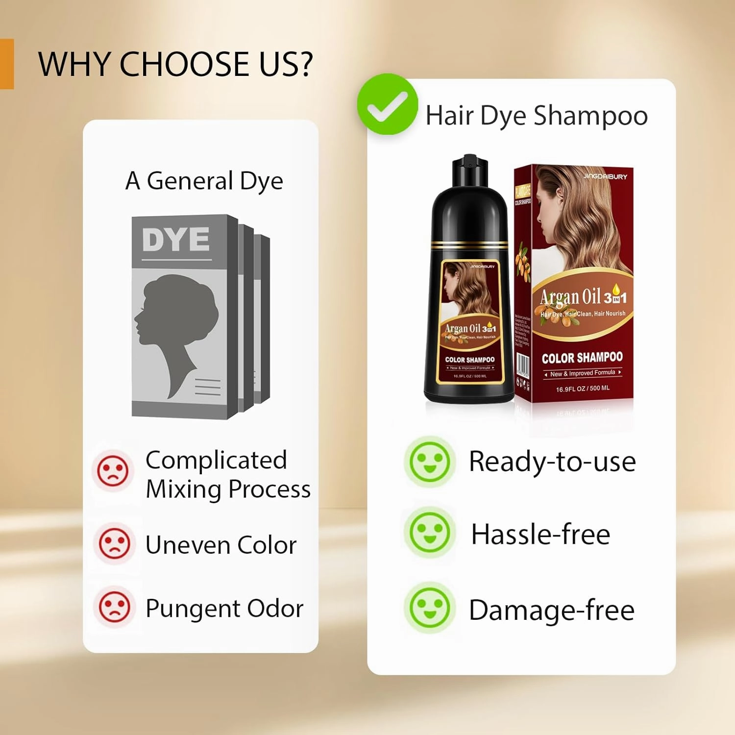 Natural Dark Brown Hair Dye Shampoo 3-in-1, 100% Gray Hair Coverage in Minutes, Argan Oil Hair Color Shampoo for Women Men, Instant Dye Shampoo for Gray Hair, Long-Lasting, Champu Con Tinte Para Canas