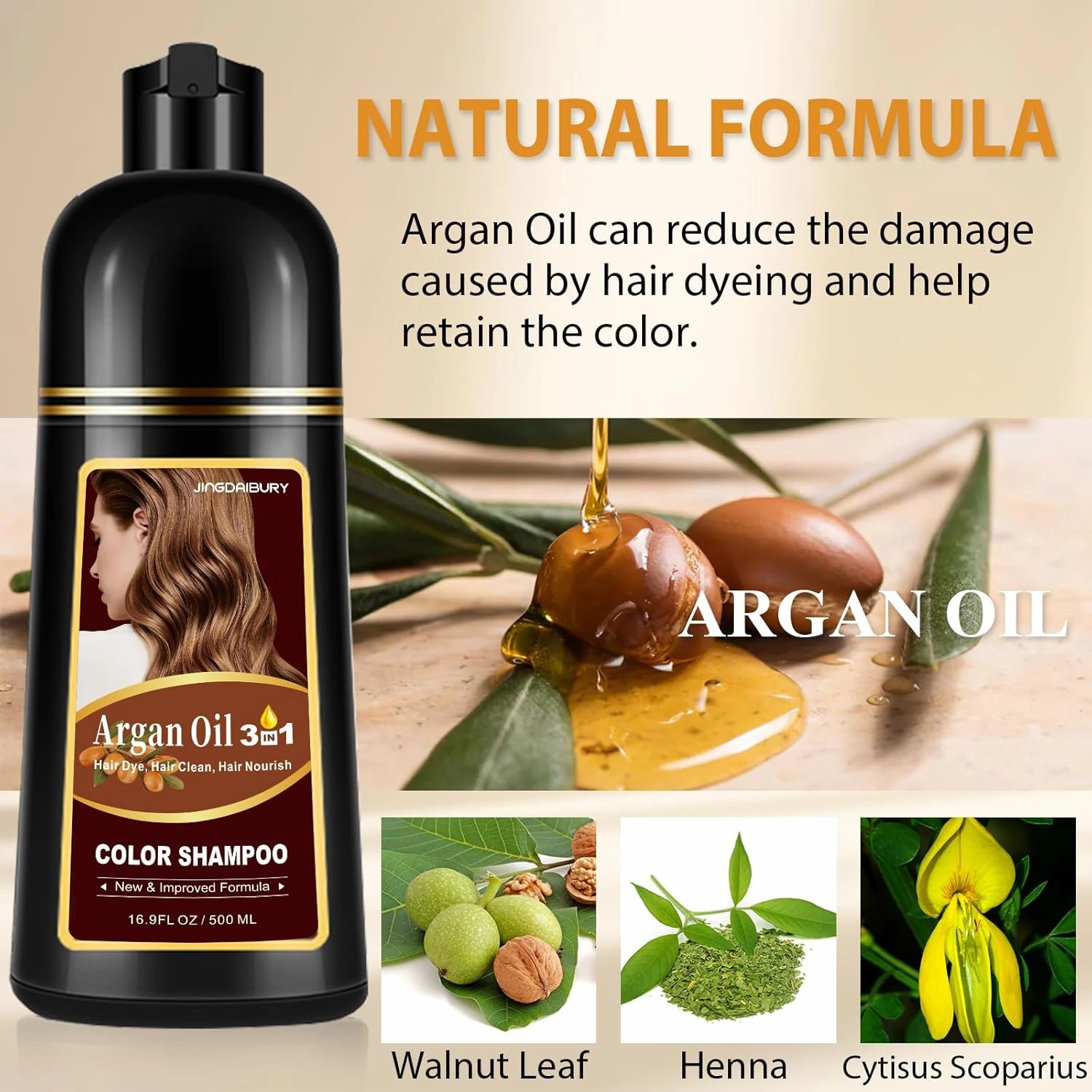 Natural Dark Brown Hair Dye Shampoo 3-in-1, 100% Gray Hair Coverage in Minutes, Argan Oil Hair Color Shampoo for Women Men, Instant Dye Shampoo for Gray Hair, Long-Lasting, Champu Con Tinte Para Canas
