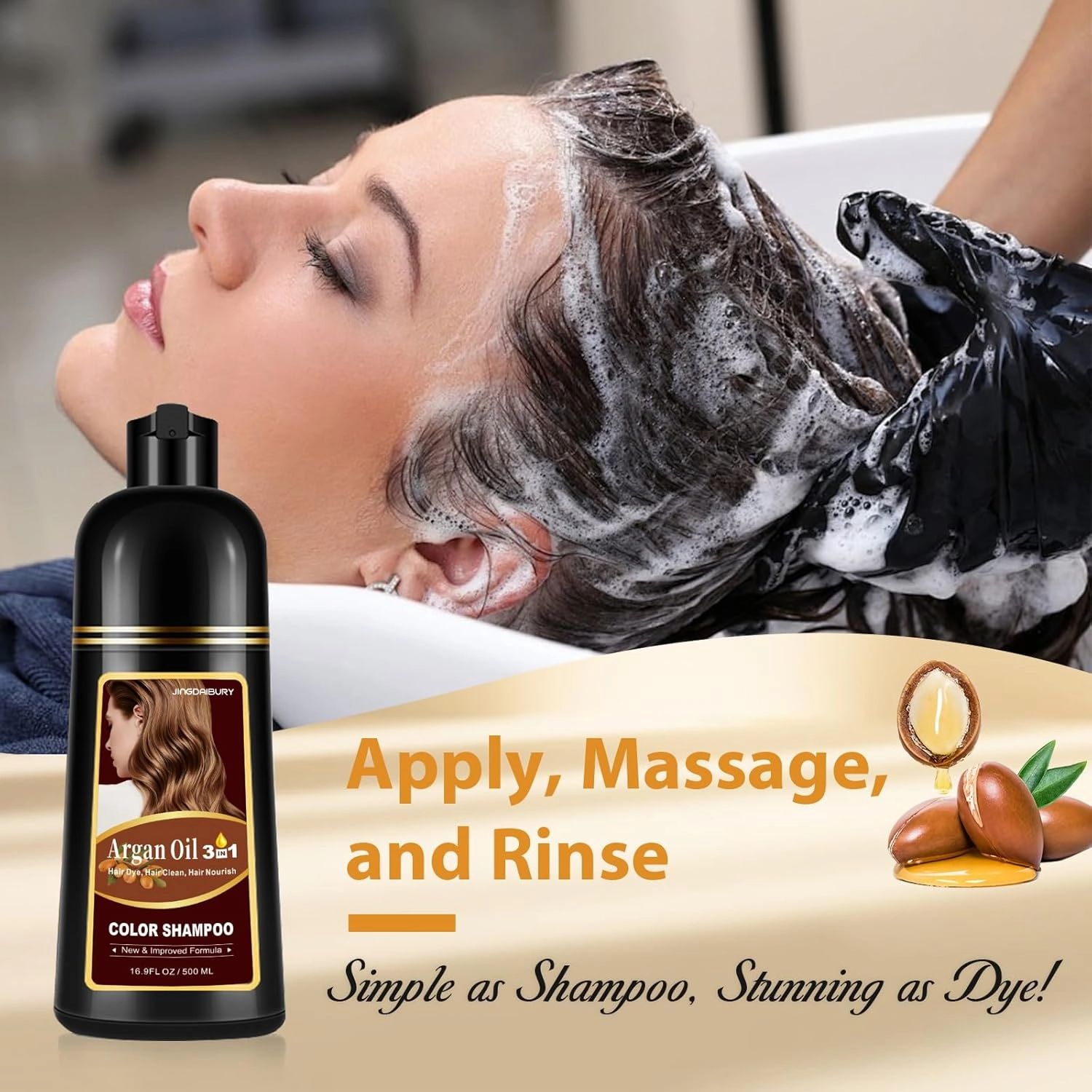 Natural Dark Brown Hair Dye Shampoo 3-in-1, 100% Gray Hair Coverage in Minutes, Argan Oil Hair Color Shampoo for Women Men, Instant Dye Shampoo for Gray Hair, Long-Lasting, Champu Con Tinte Para Canas