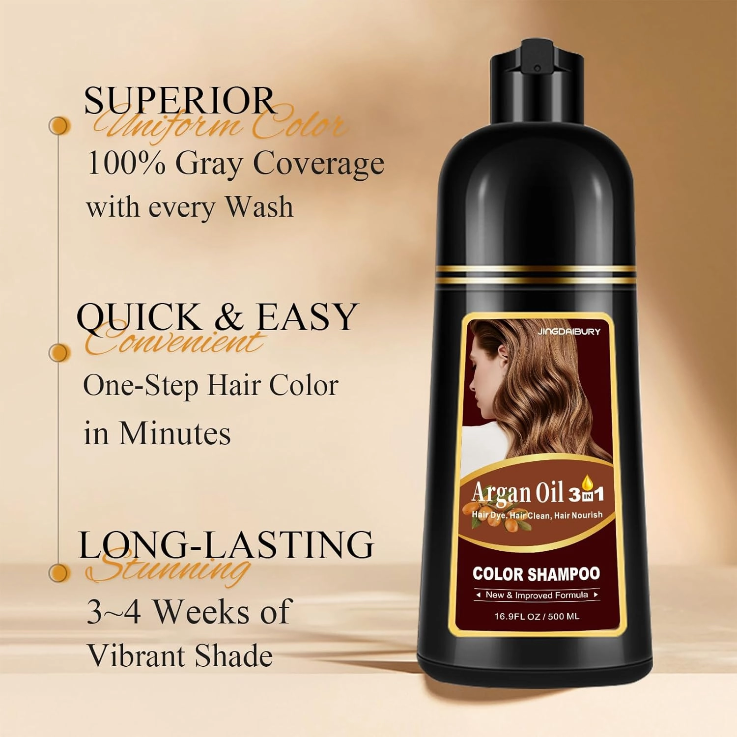 Natural Dark Brown Hair Dye Shampoo 3-in-1, 100% Gray Hair Coverage in Minutes, Argan Oil Hair Color Shampoo for Women Men, Instant Dye Shampoo for Gray Hair, Long-Lasting, Champu Con Tinte Para Canas