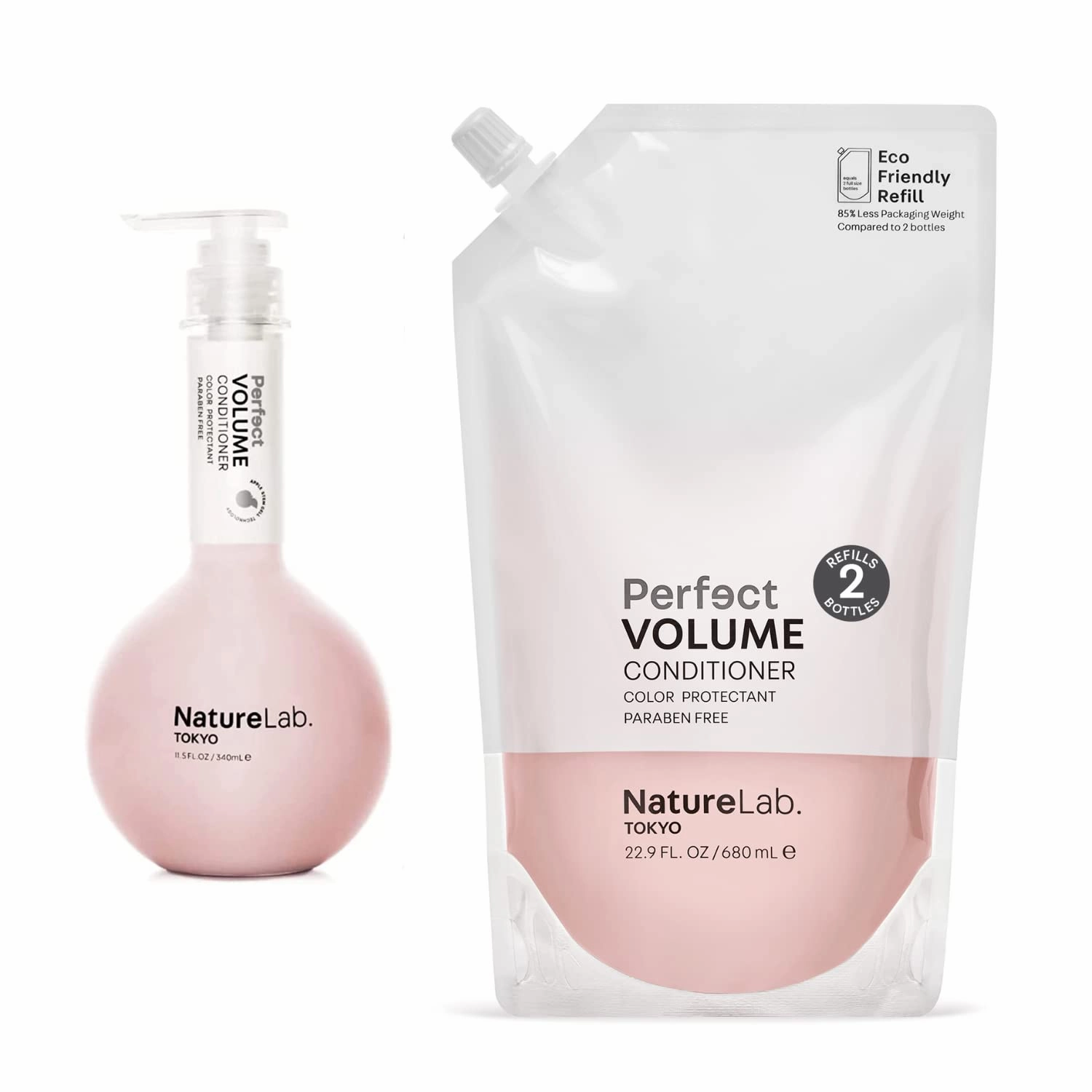 NATURELAB.TOKYO Perfect Volume Conditioner   Eco-Friendly Refill Pouch Bundle | Lightweight Hair Conditioner, Build & Lift Flat, Fine, or Limp Hair | 11.5 oz & Refill 22.9 oz | $49 VALUE