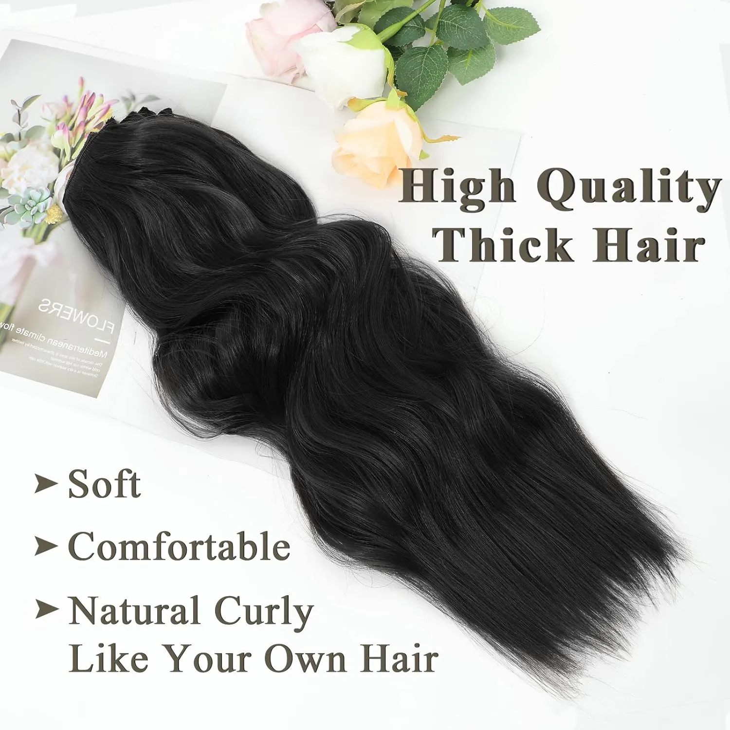 NAYOO Black Clip In Hair Extensions 4Pcs Wavy Curly Hair Extensions Synthetic Fiber Double Weft Soft Hairpieces For Women（20 inch, Black）