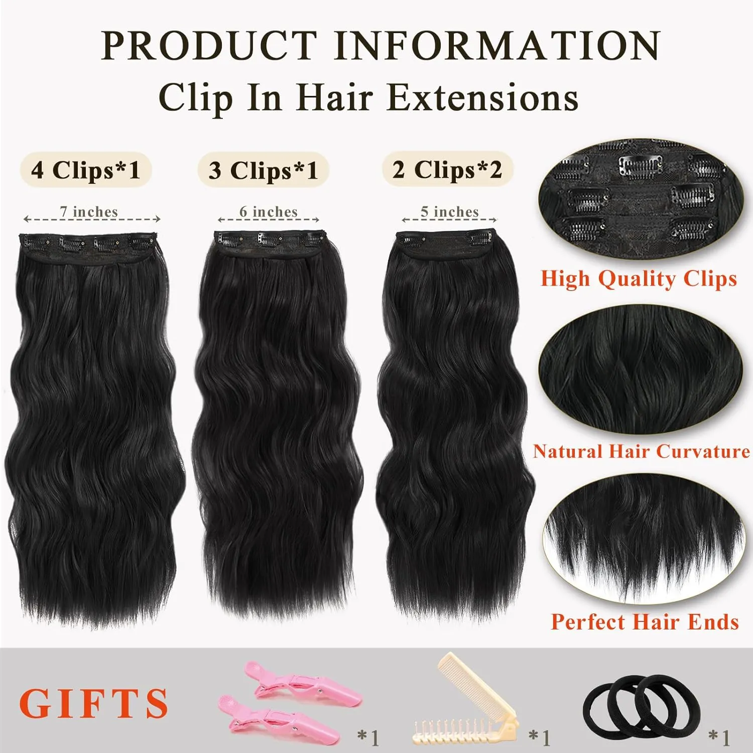 NAYOO Black Clip In Hair Extensions 4Pcs Wavy Curly Hair Extensions Synthetic Fiber Double Weft Soft Hairpieces For Women（20 inch, Black）