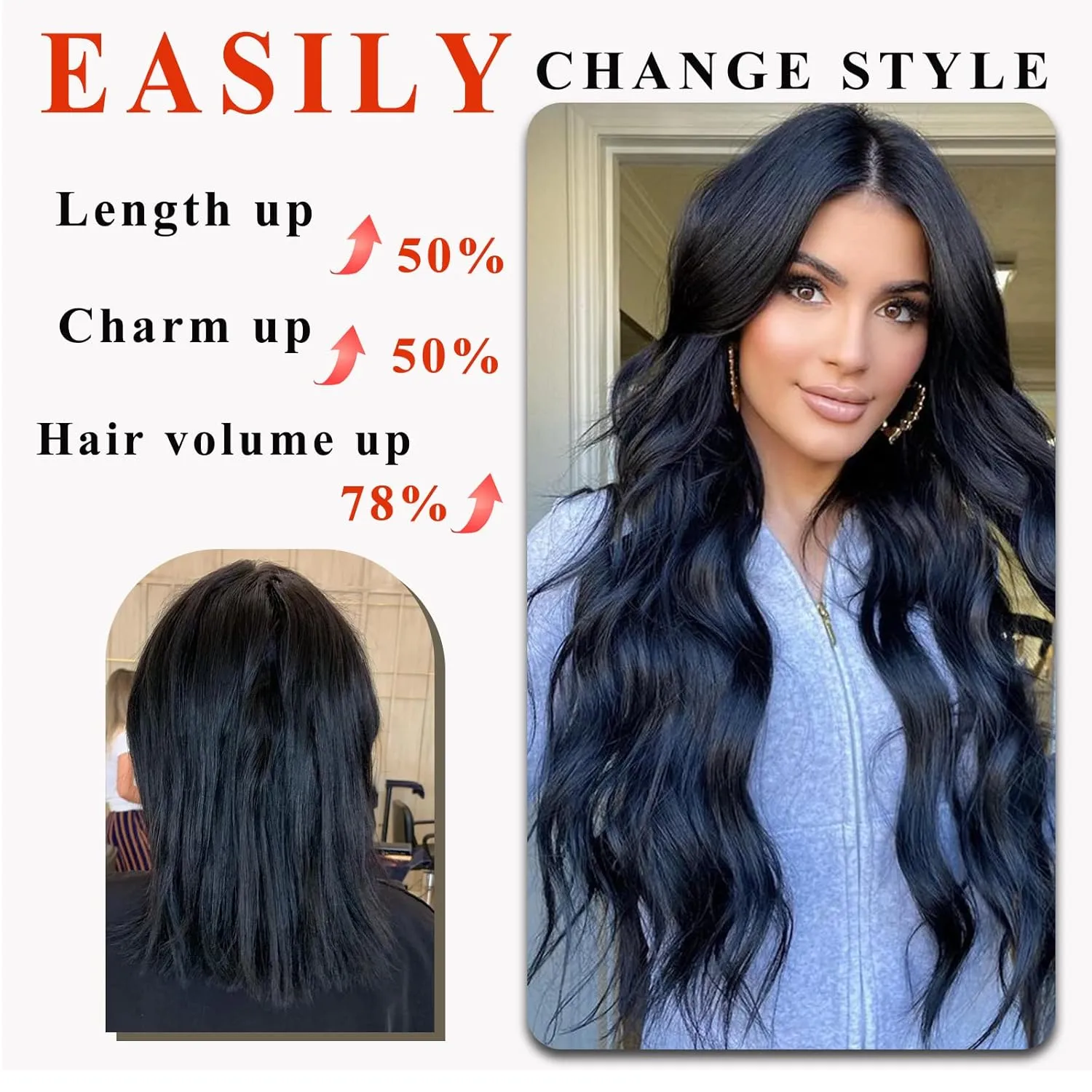 NAYOO Black Clip In Hair Extensions 4Pcs Wavy Curly Hair Extensions Synthetic Fiber Double Weft Soft Hairpieces For Women（20 inch, Black）