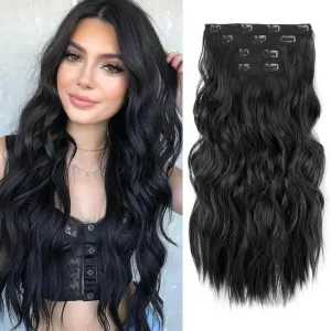 NAYOO Black Clip In Hair Extensions 4Pcs Wavy Curly Hair Extensions Synthetic Fiber Double Weft Soft Hairpieces For Women（20 inch, Black）