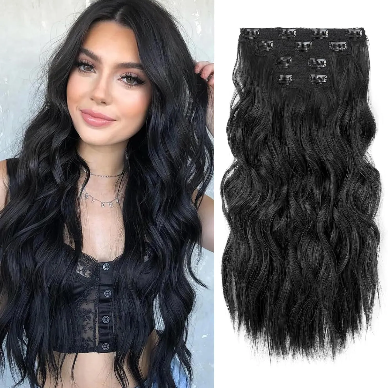 NAYOO Black Clip In Hair Extensions 4Pcs Wavy Curly Hair Extensions Synthetic Fiber Double Weft Soft Hairpieces For Women（20 inch, Black）
