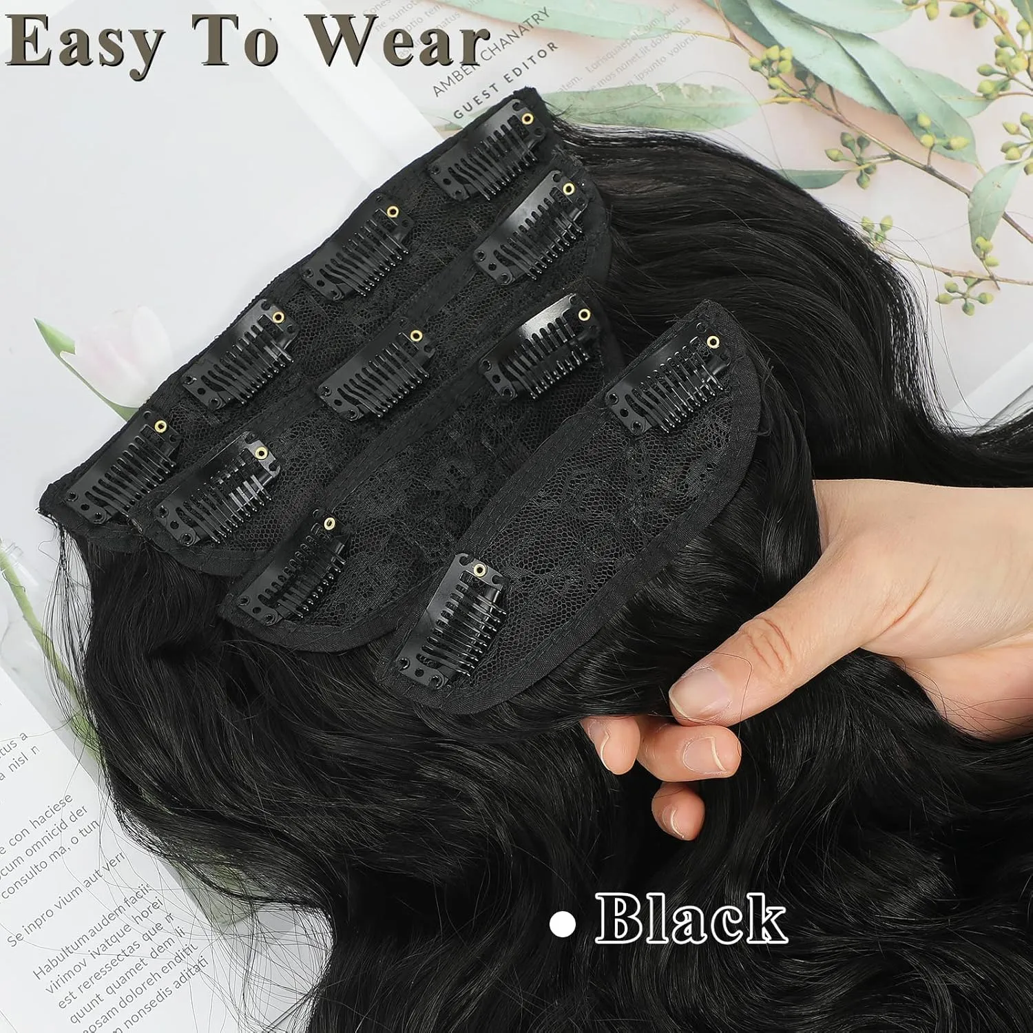NAYOO Black Clip In Hair Extensions 4Pcs Wavy Curly Hair Extensions Synthetic Fiber Double Weft Soft Hairpieces For Women（20 inch, Black）